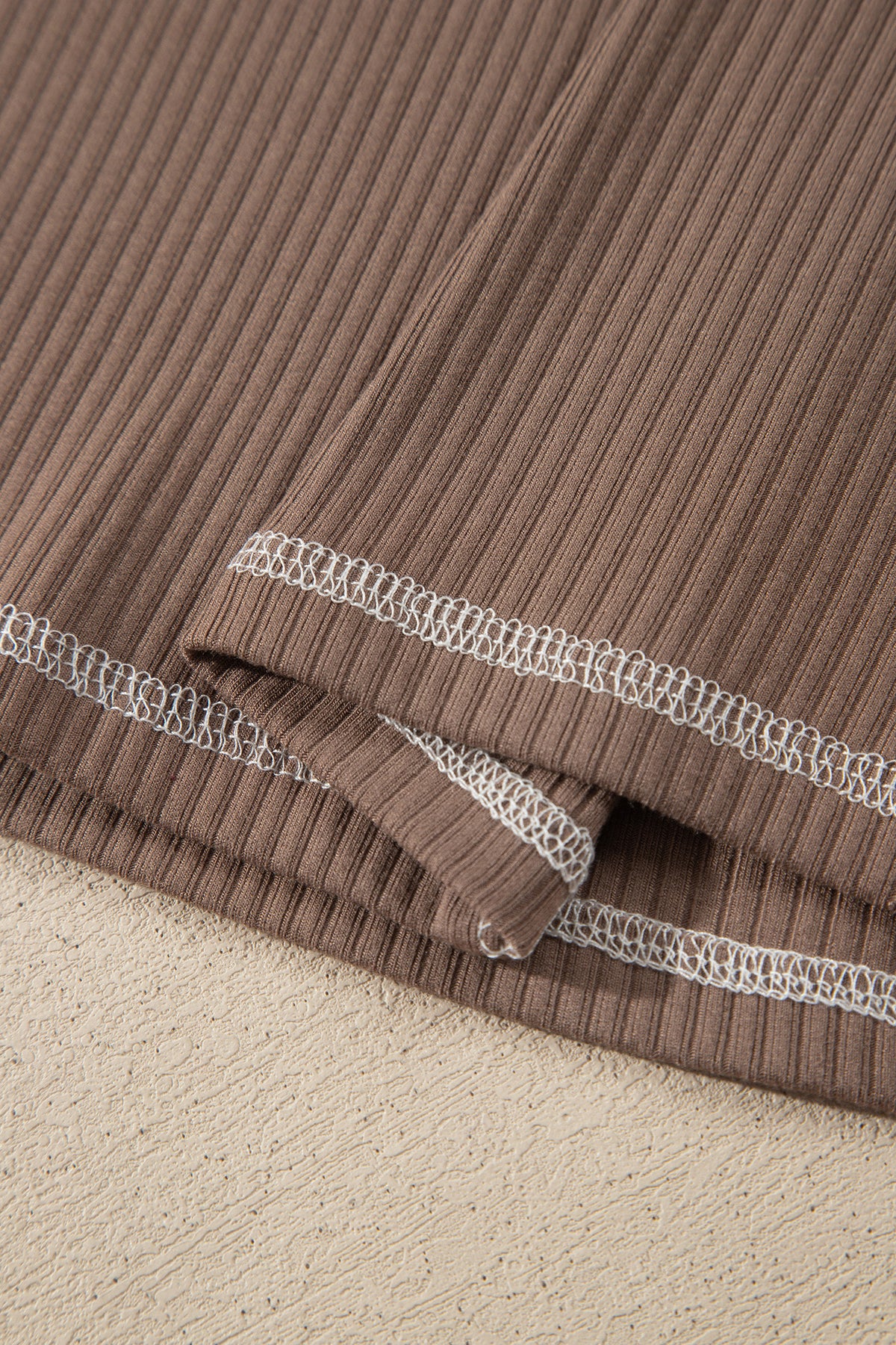 Dark Khaki V Neck Ribbed Stitched Detail Long Sleeve Top