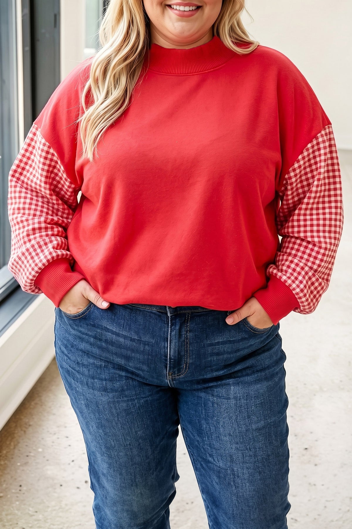Black Patchwork Plaid Loose Fit Long Sleeve Plus Size Sweatshirt