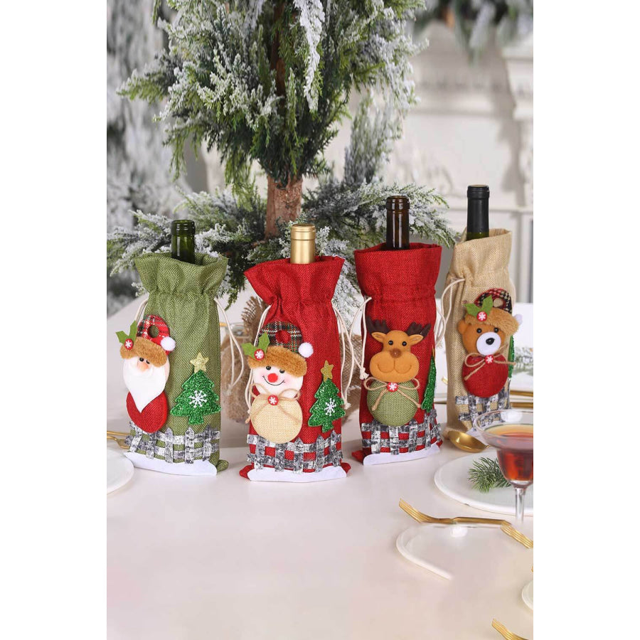 4-Pack Drawstring Christmas Wine Bottle Covers Santa/Snowman/Reindeer/Bear / One Size/4 Pack Apparel and Accessories