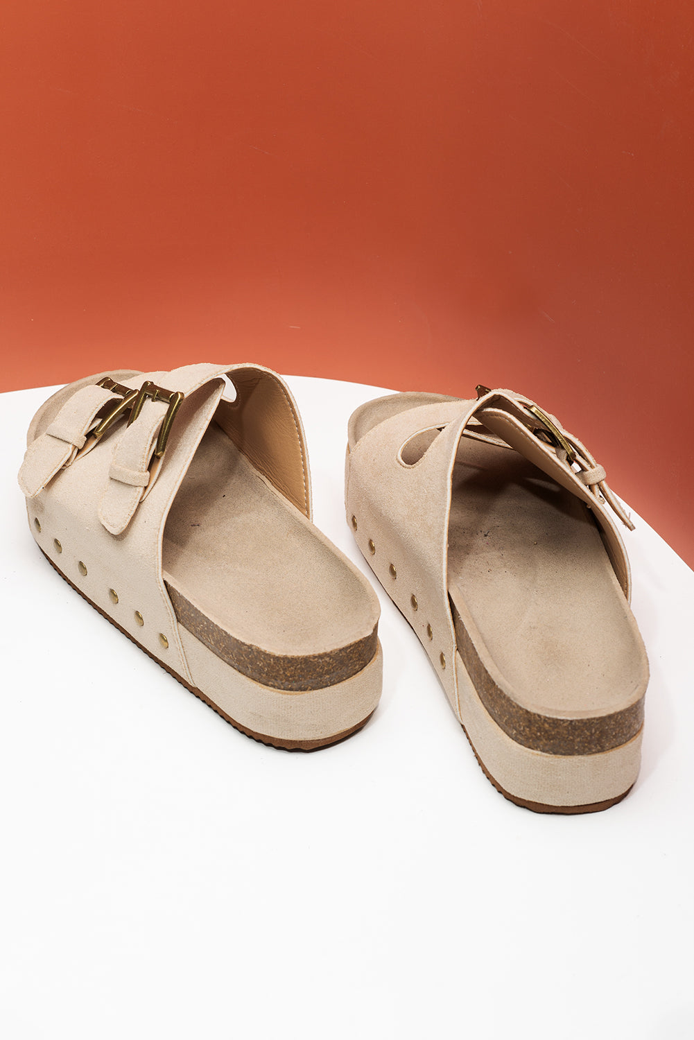 Beige Suede Buckle Decor Footbed Sandal Slippers
