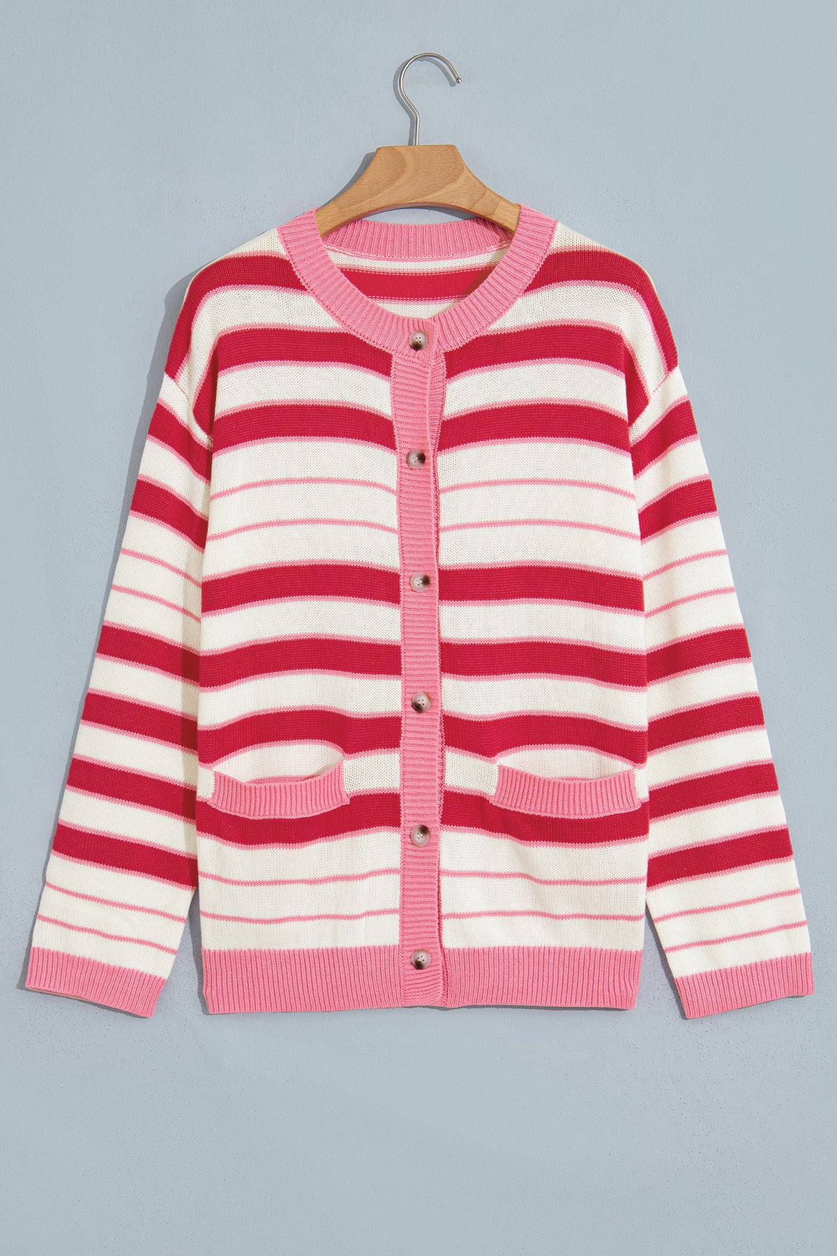 Red Stripe V Neck Long Sleeve Regular Fit Cardigan