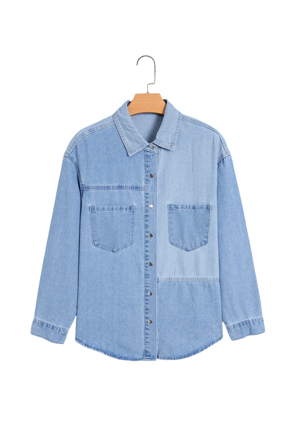 Beau Blue Lightweight Denim Striped Patchwork Button Down Shacket