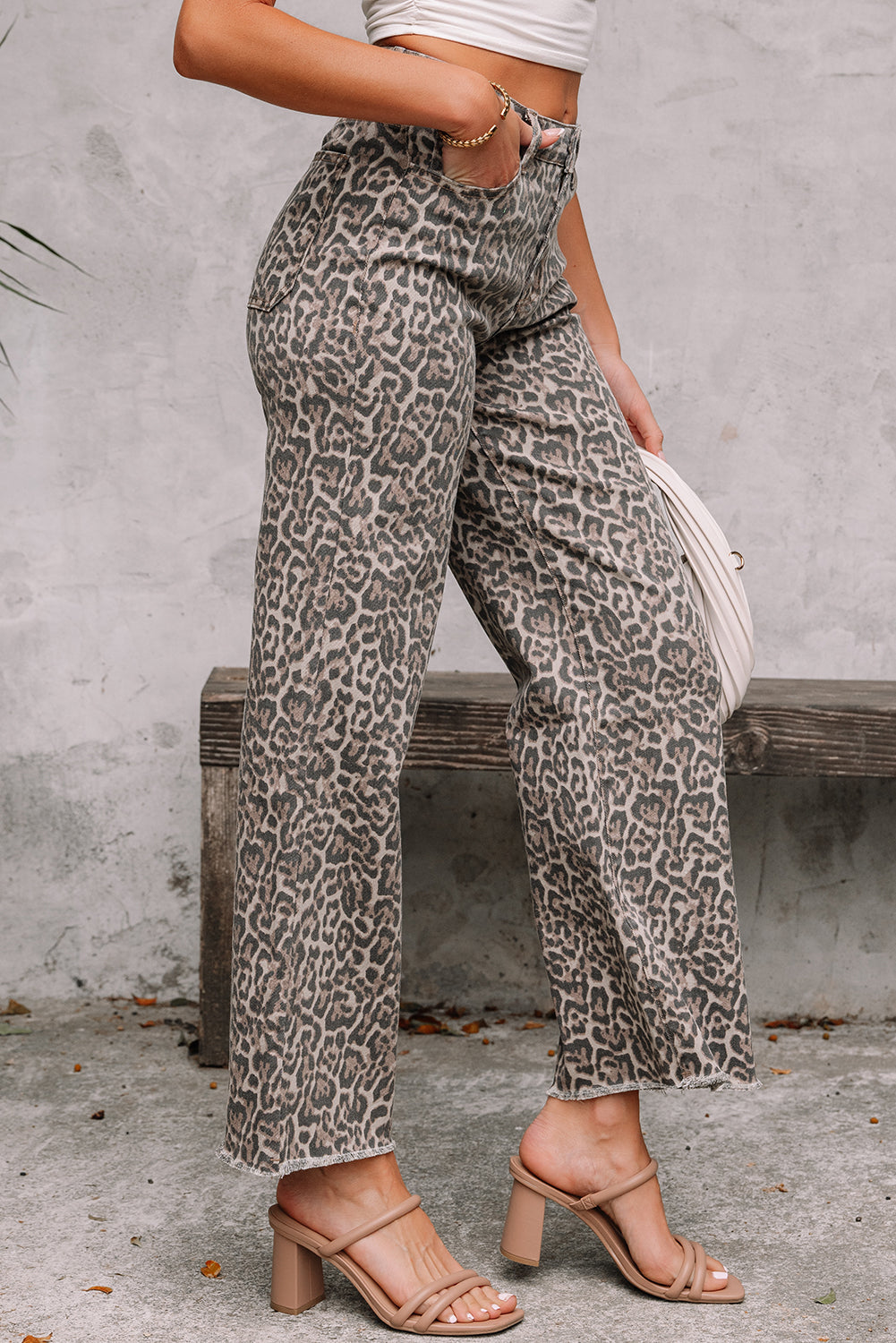Gray Leopard Frayed Edge Wide Leg High Waist Jeans