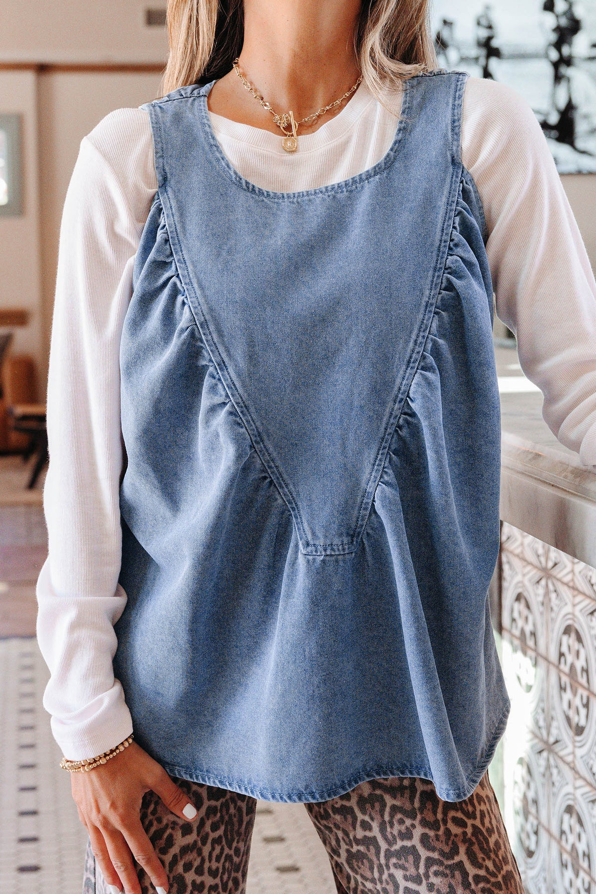 Myosotis Denim Pleated Patchwork Sleeveless Top