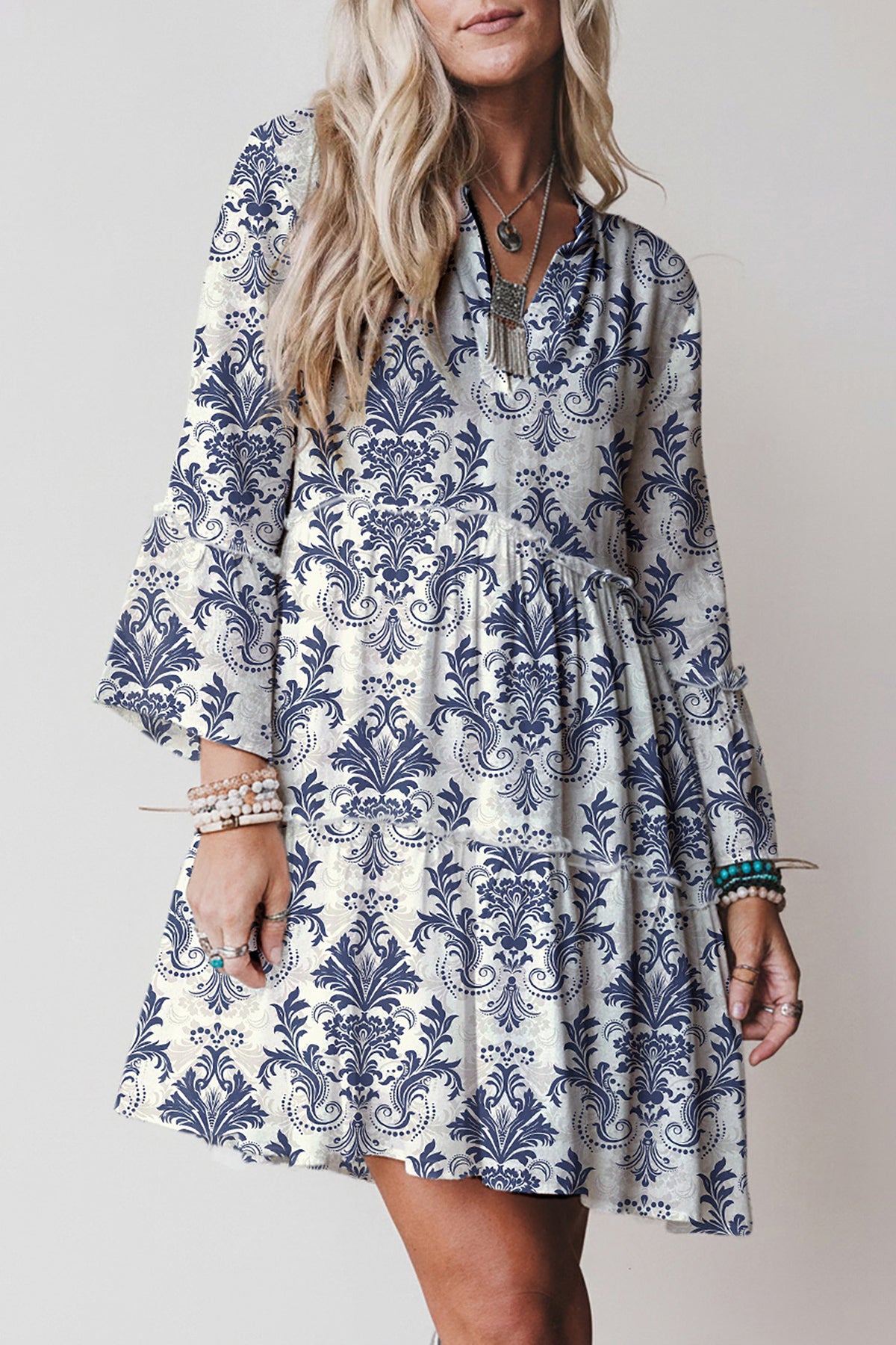 Red Boho Floral Print Lettuce Trim 3/4 Sleeve Mini Dress