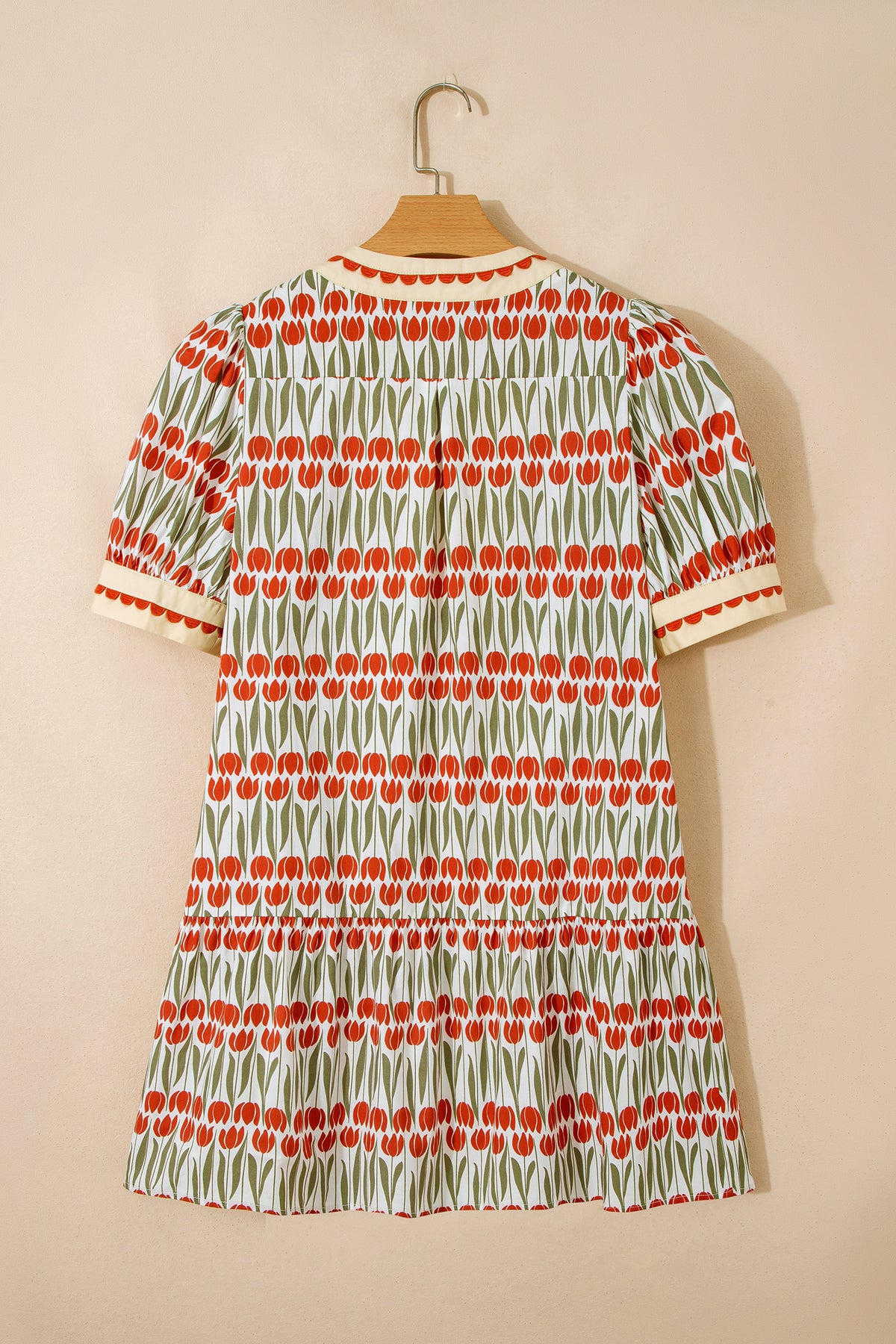 White Tulip Floral Print Cotton Puff Short Sleeve Mini Dress