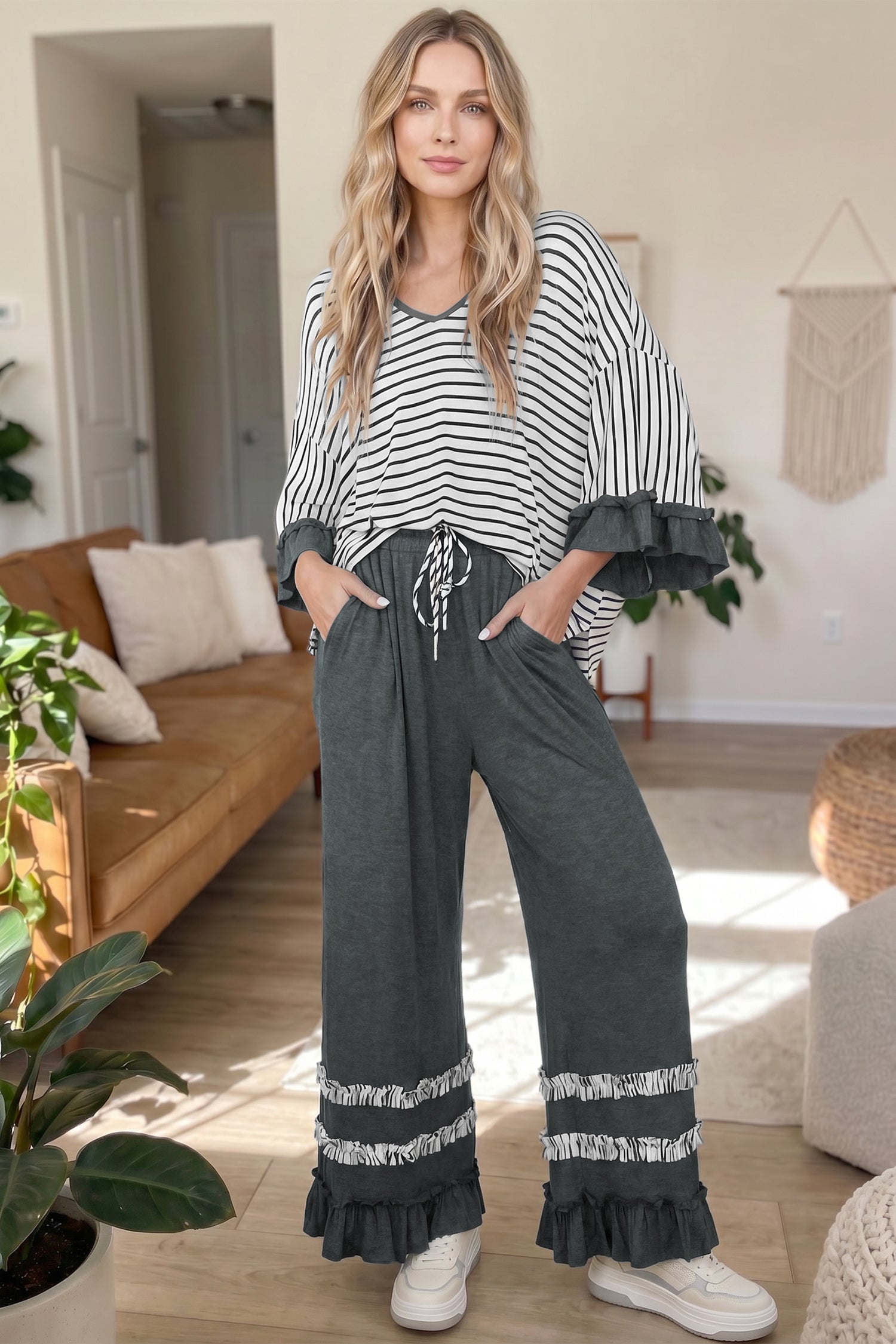 Gray Stripe V Neck Ruffle Contrast Sleeve Top Drawstring Pants 2pcs Set Gray Stripe / S Two Piece Sets/Pant Sets