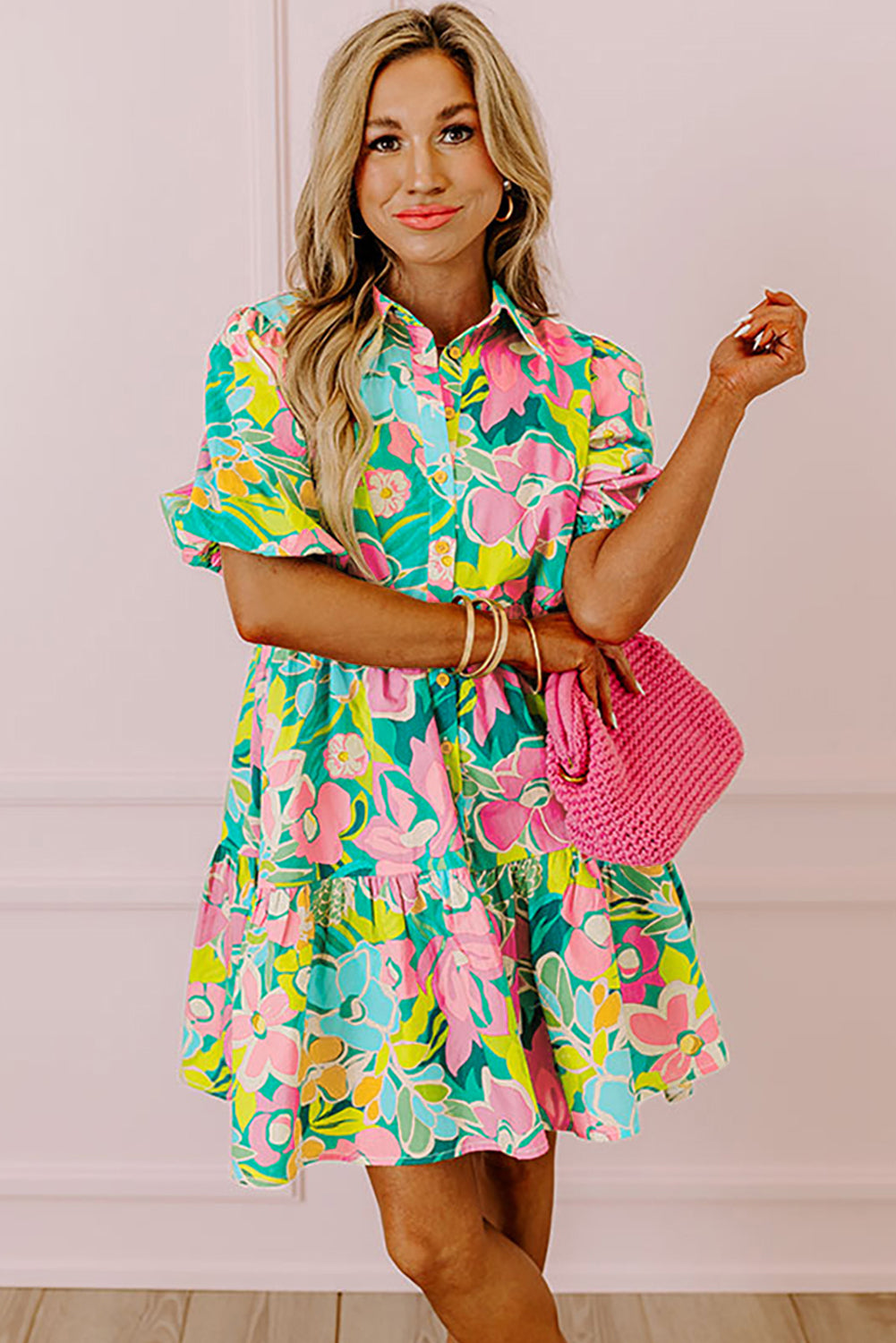 Green Floral Puff Sleeve Collar Buttoned Babydoll Dress Dresses/Floral Dresses