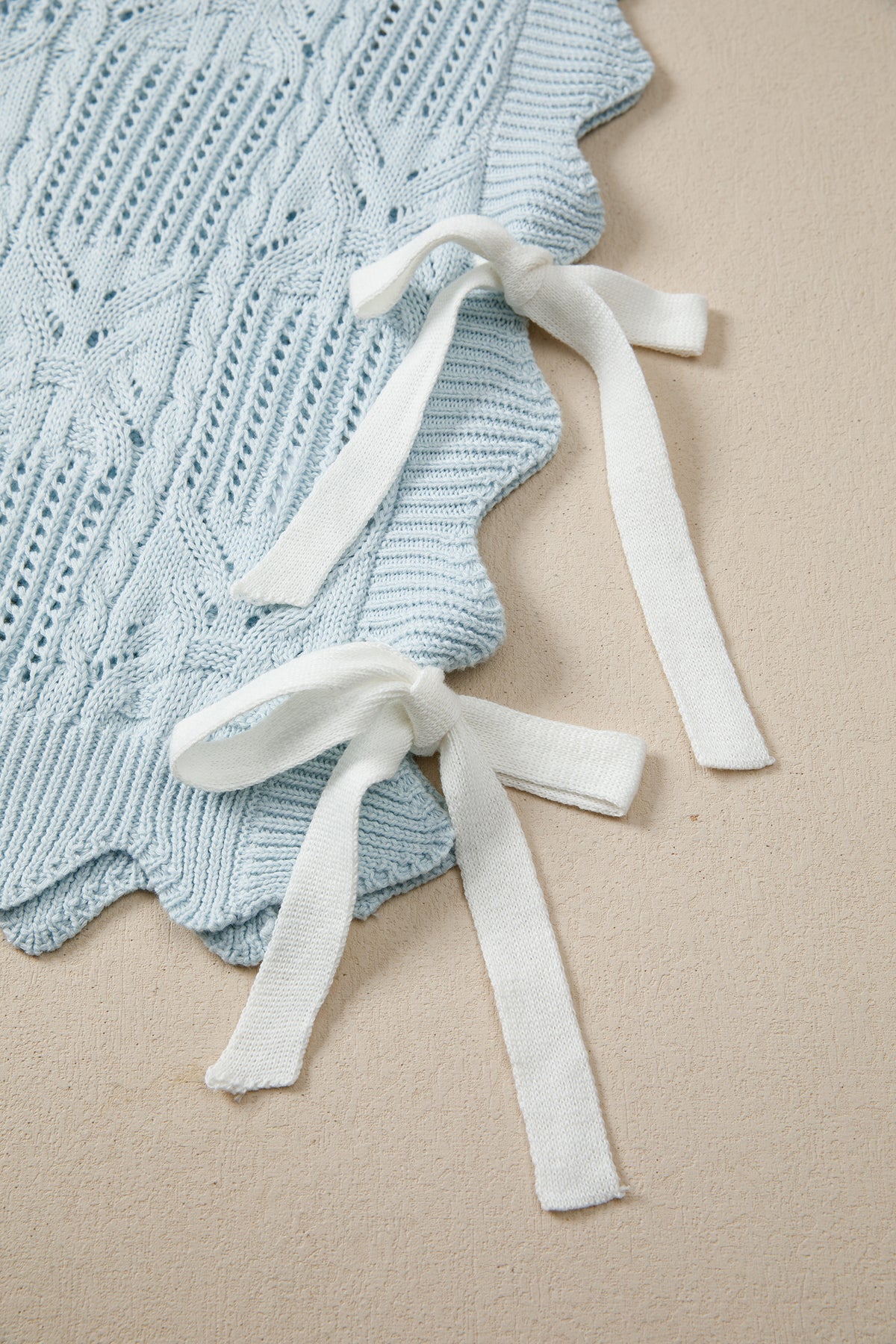 Bonbon Pointelle Knit Patterned Scalloped Trim Short Sleeve Sweater