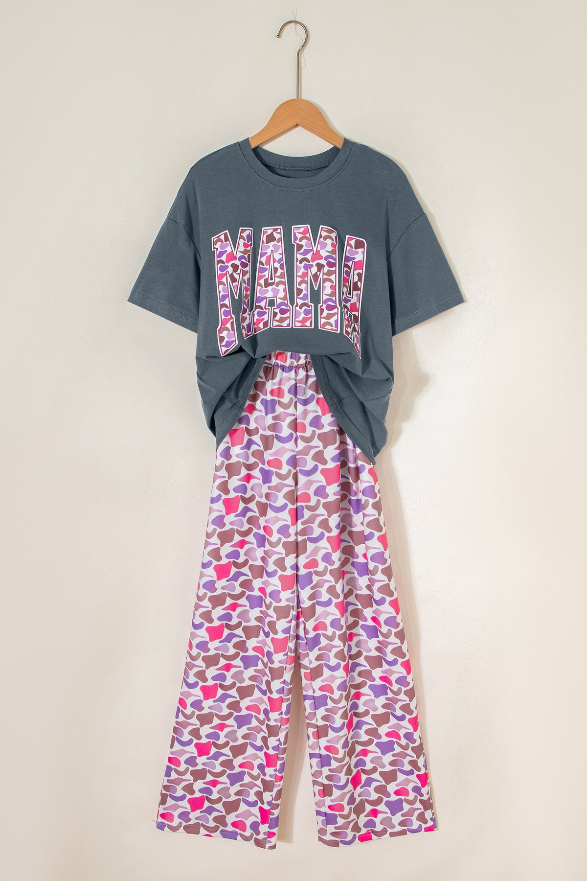 Medium Grey MAMA Letter Graphic Tee Camouflage Print Loose Pant Set