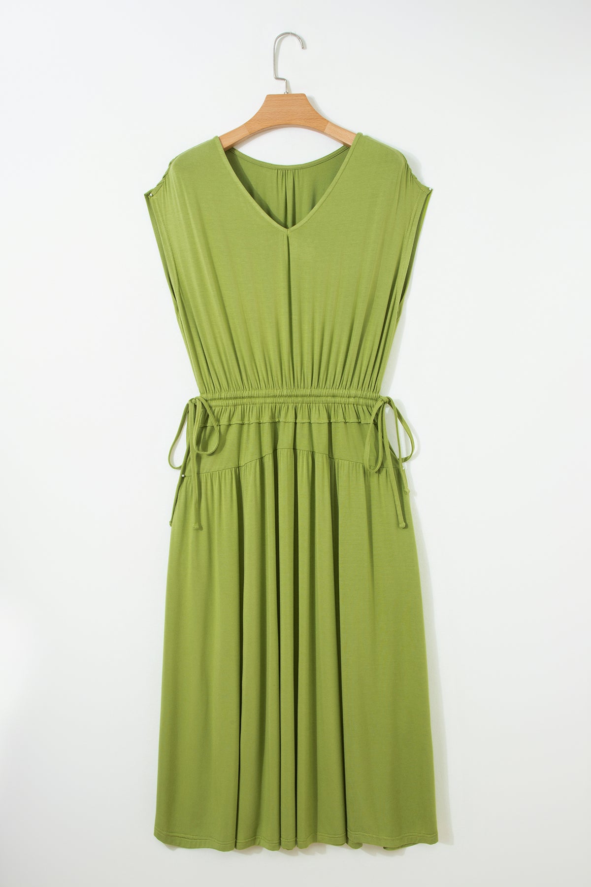 Fern Green Solid V Neck Cap Sleeve Tunic Elastic Waist Versatile Maxi Dress