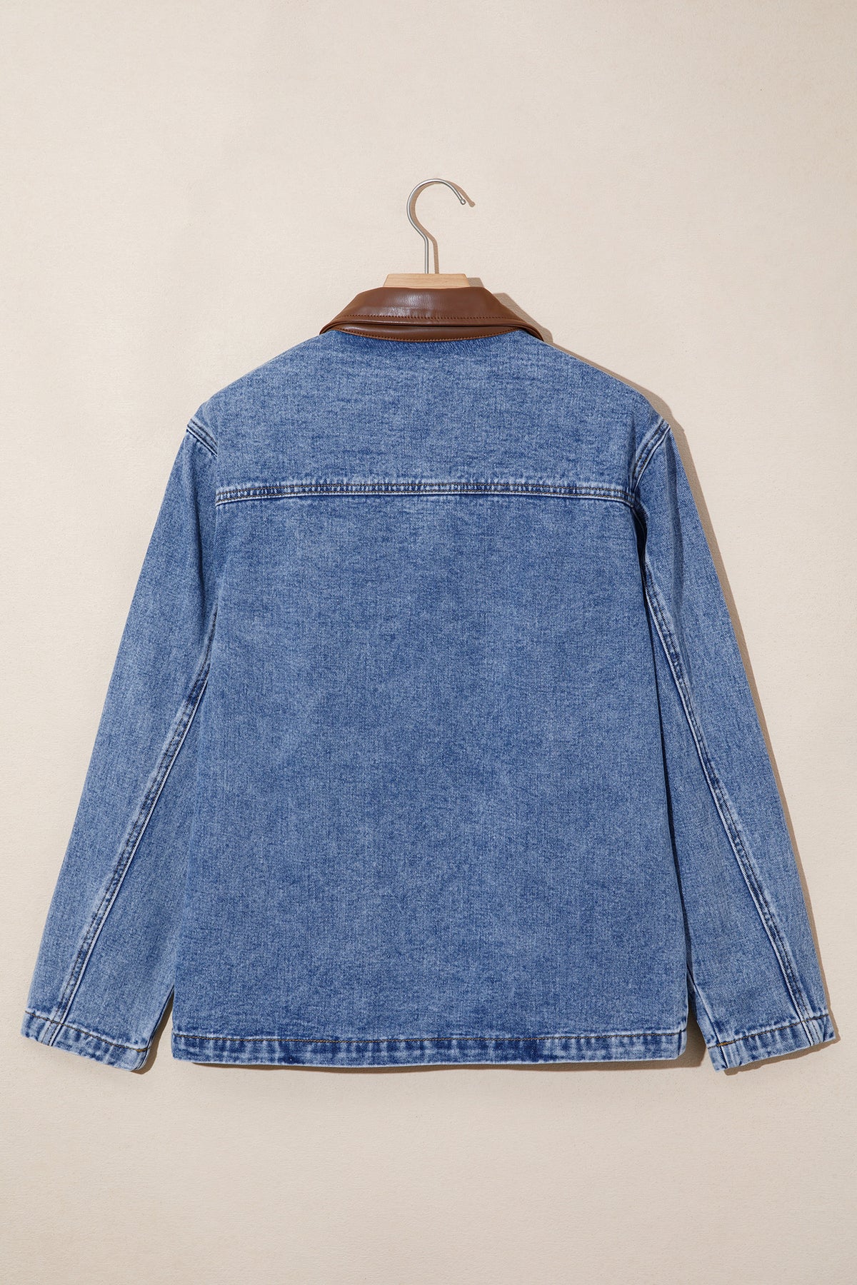 Sky Blue Patchwork Leather Collar Long Sleeve Denim Jacket
