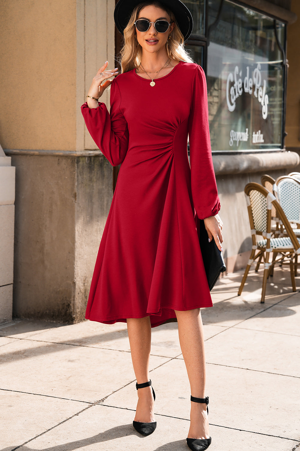 Fiery Red Solid Color Ruched Detail Long Sleeve Midi Dress