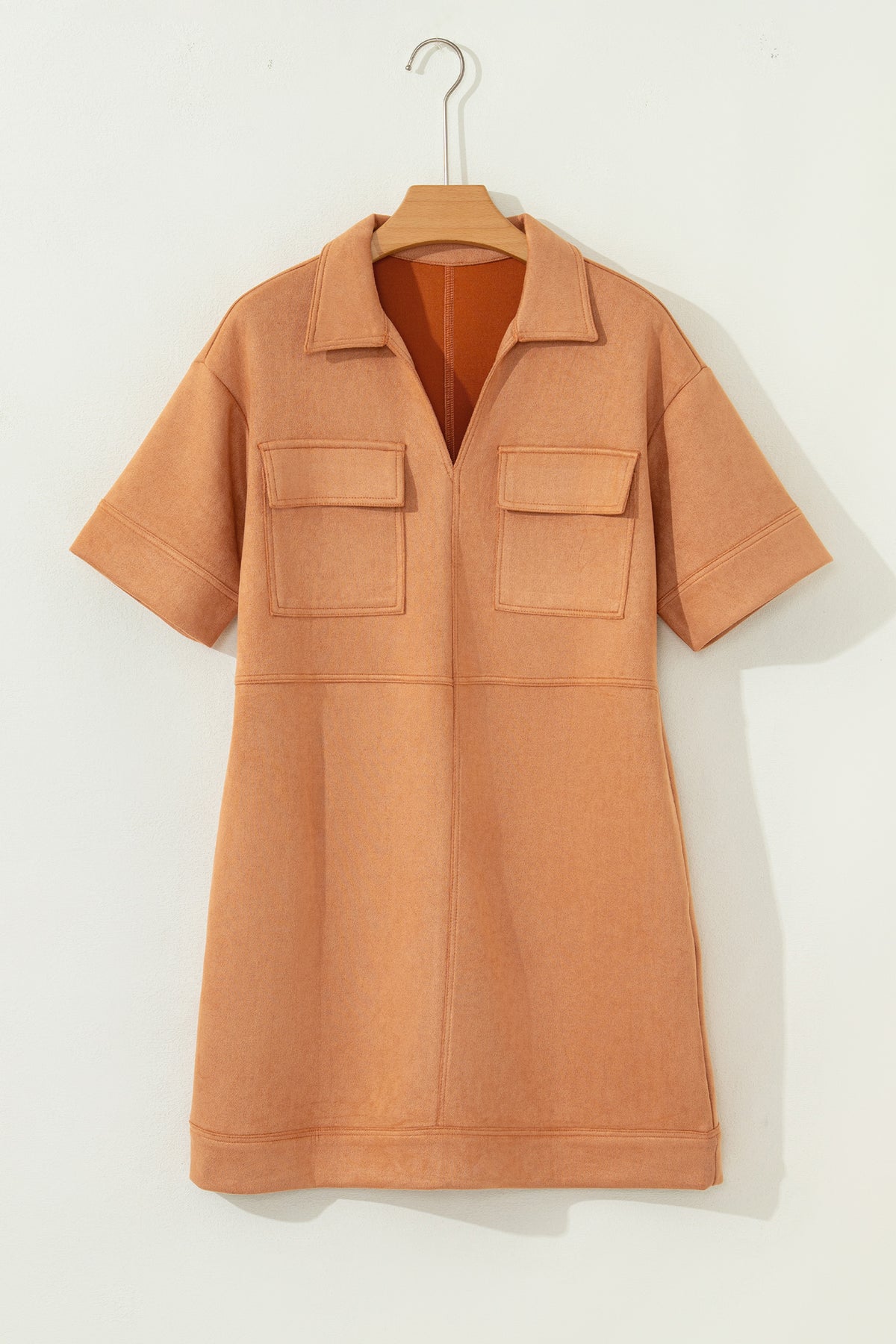 Thai Curry Collared V Neck Faux Suede Short Sleeve Shift Mini Dress
