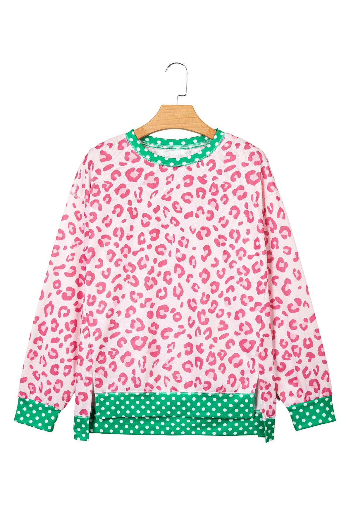 Khaki Leopard Polka Dot Colorblock Trim Long Sleeve Top