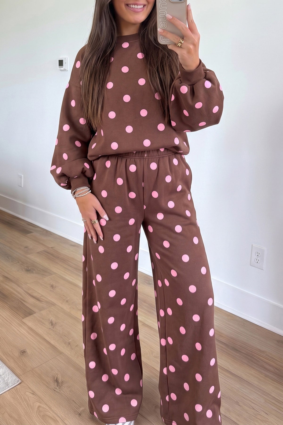 Pink Polka Dot Puff Sleeve Top Casual Pants 2pcs Set