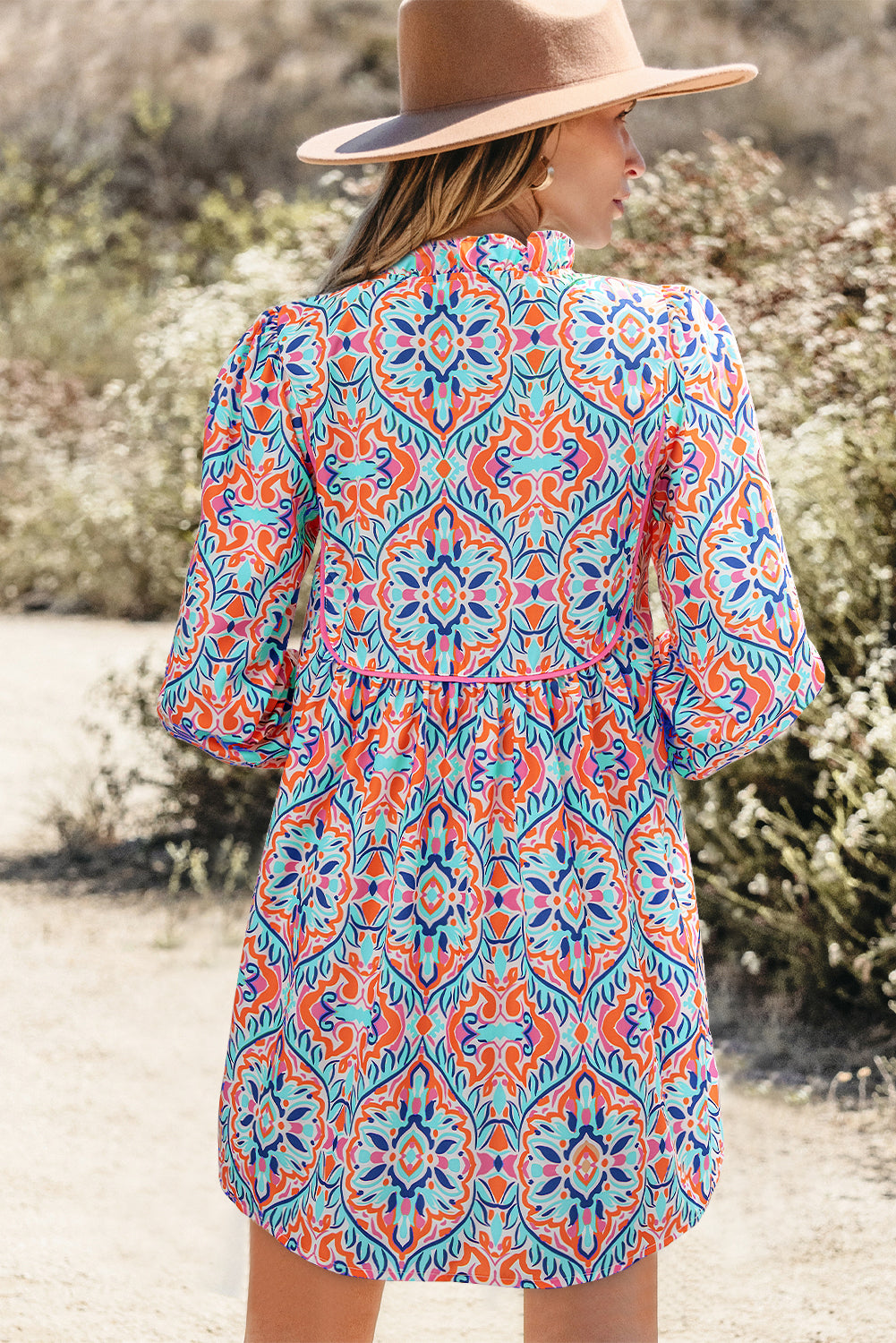 Sky Blue Abstract Printed Long Sleeve Tied Neckline Mini Dress