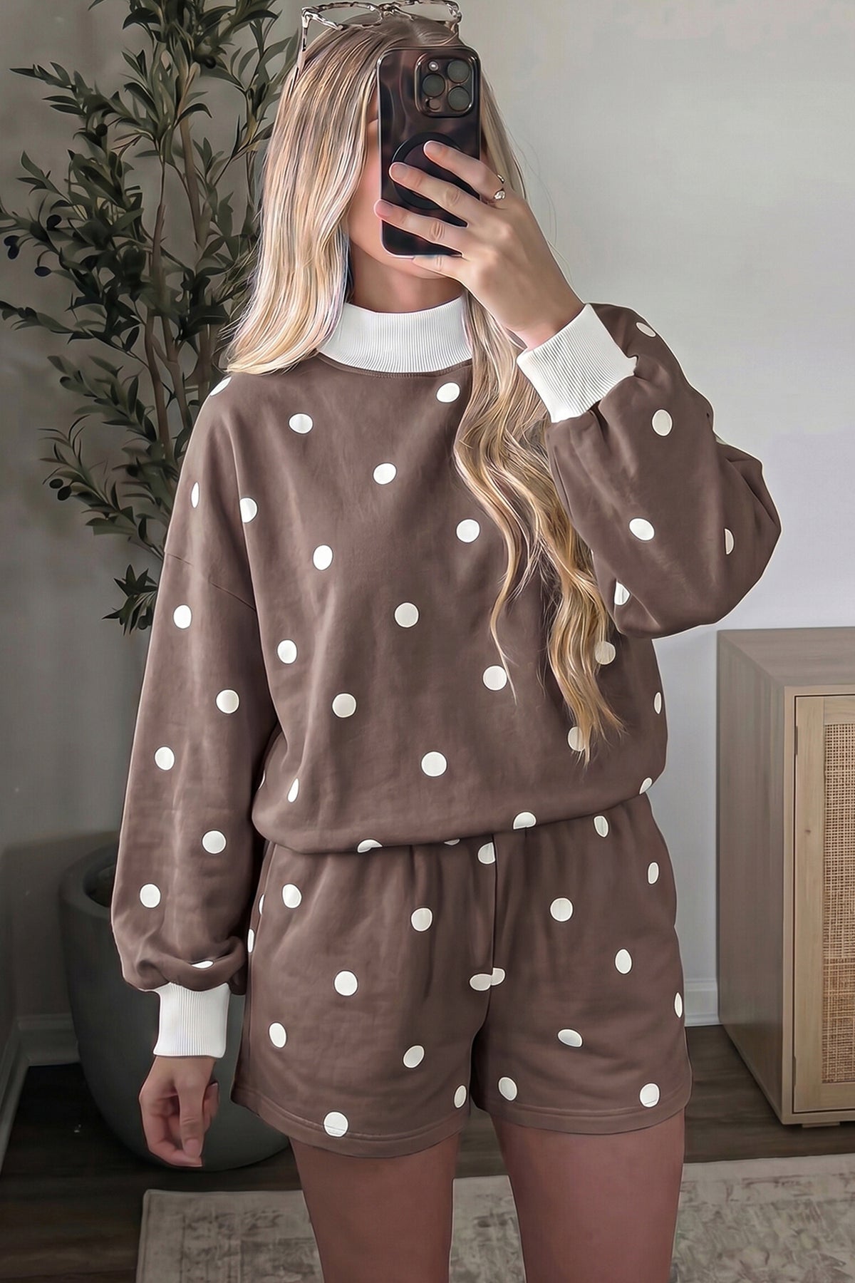 Pink Polka Dot Ribbed Trim Long Sleeve Top Casual Short Set