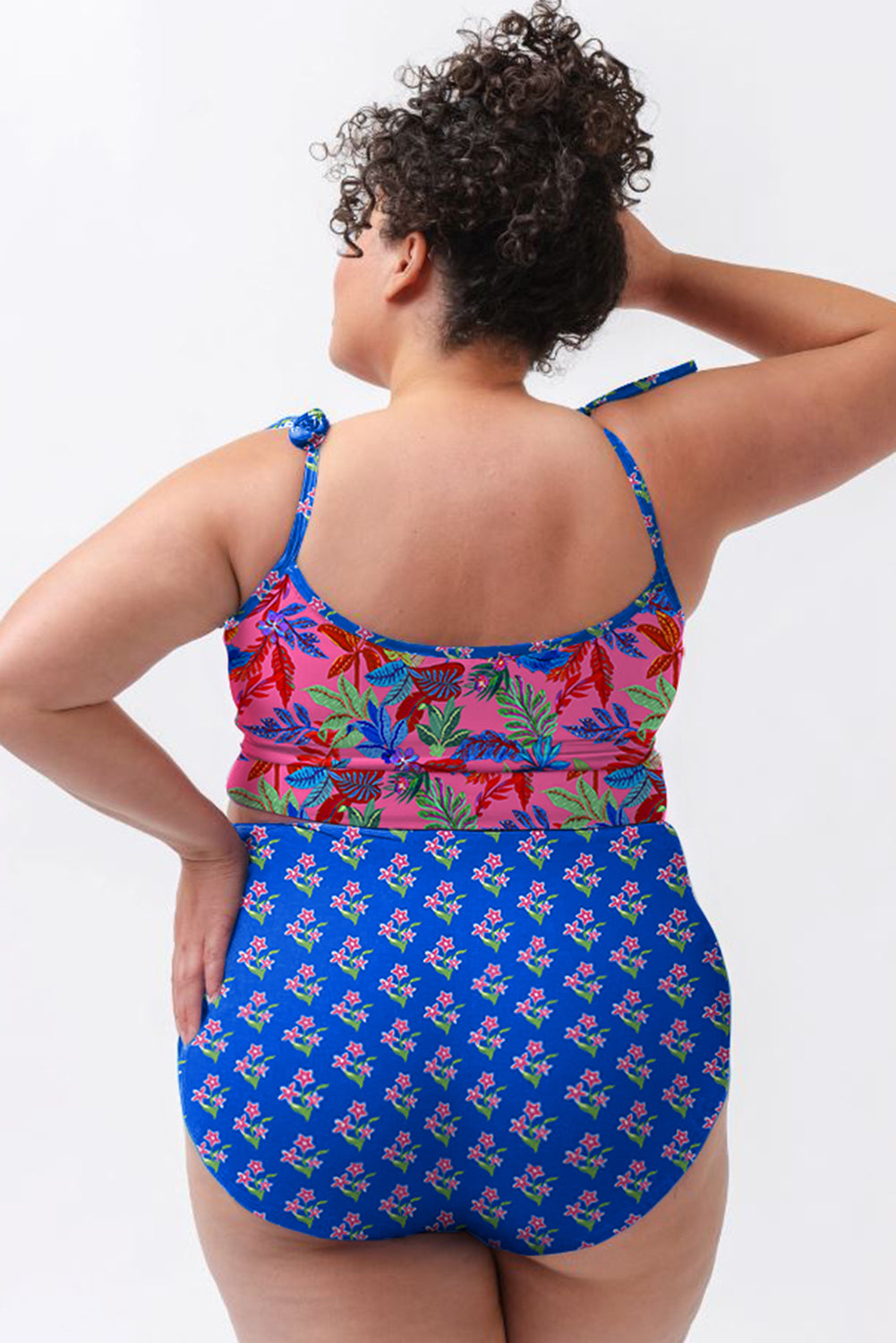 Blue Fashion Print Tied Straps Crop Vest and High Waist Plus Size Bikini Plus Size/Plus Size Swimwear