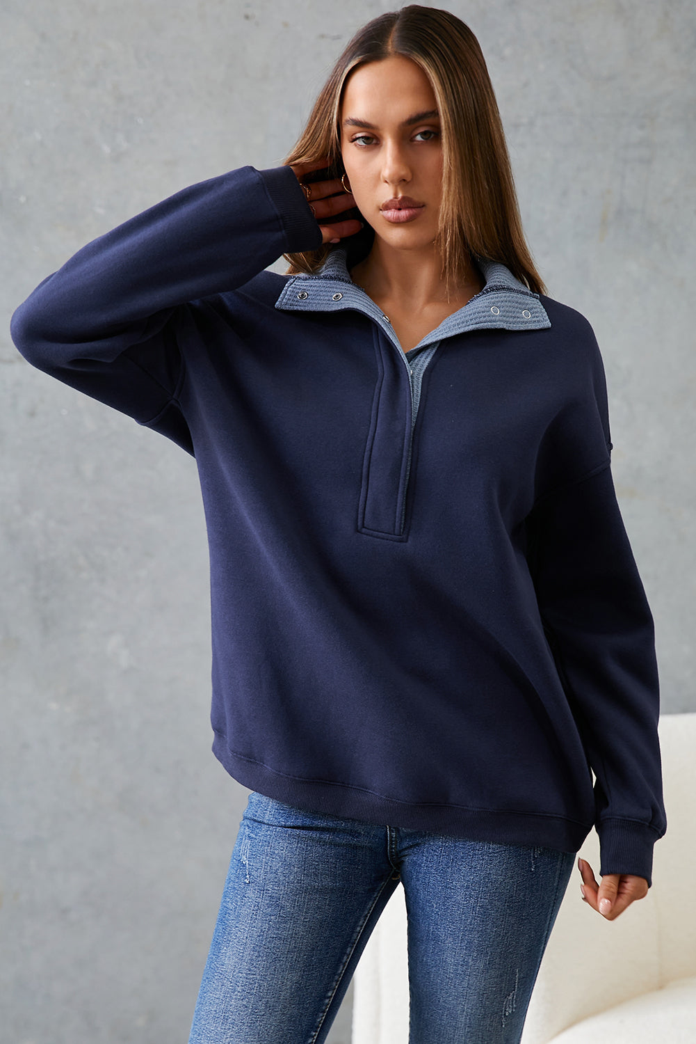 Blue Drop Shoulder Metal Button Casual Pullover Sweatshirt