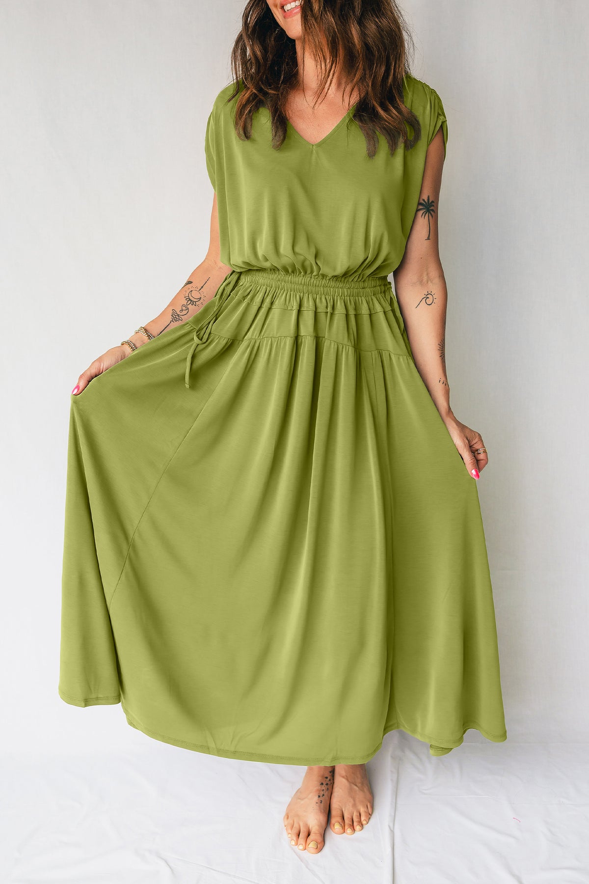 Fern Green Solid V Neck Cap Sleeve Tunic Elastic Waist Versatile Maxi Dress