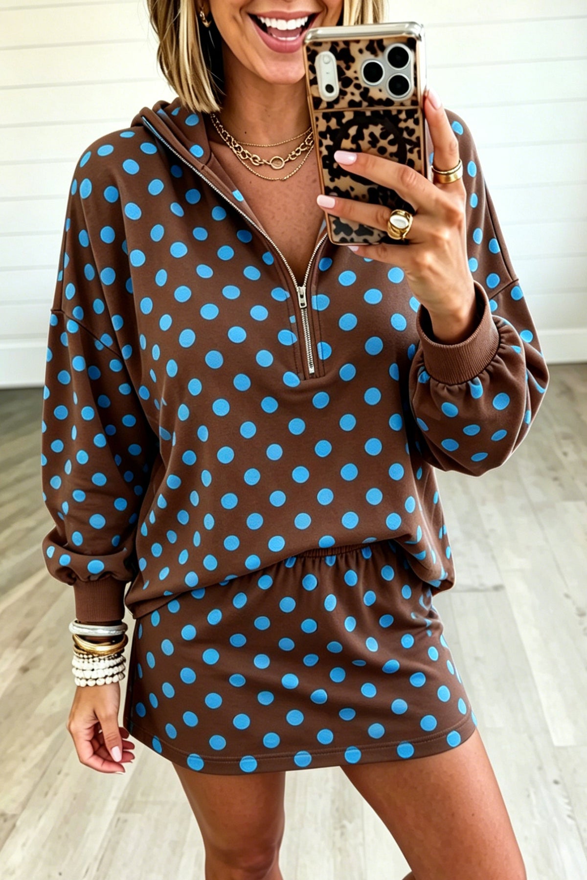 Pink Polka Dot Hooded Long Sleeve Top Casual Mini Skort Set