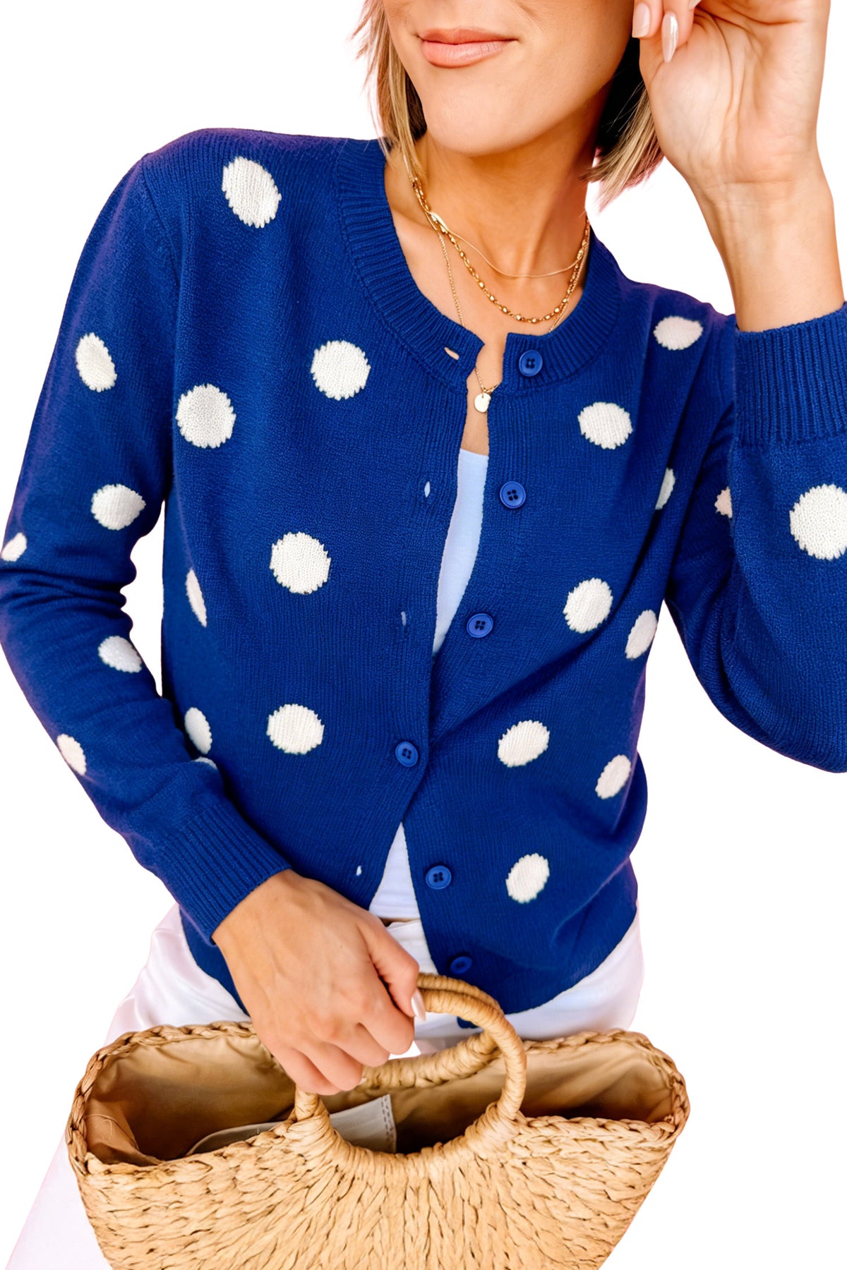 Fiery Red Casual Polka Dot Button Front Long Sleeve Sweater Cardigan