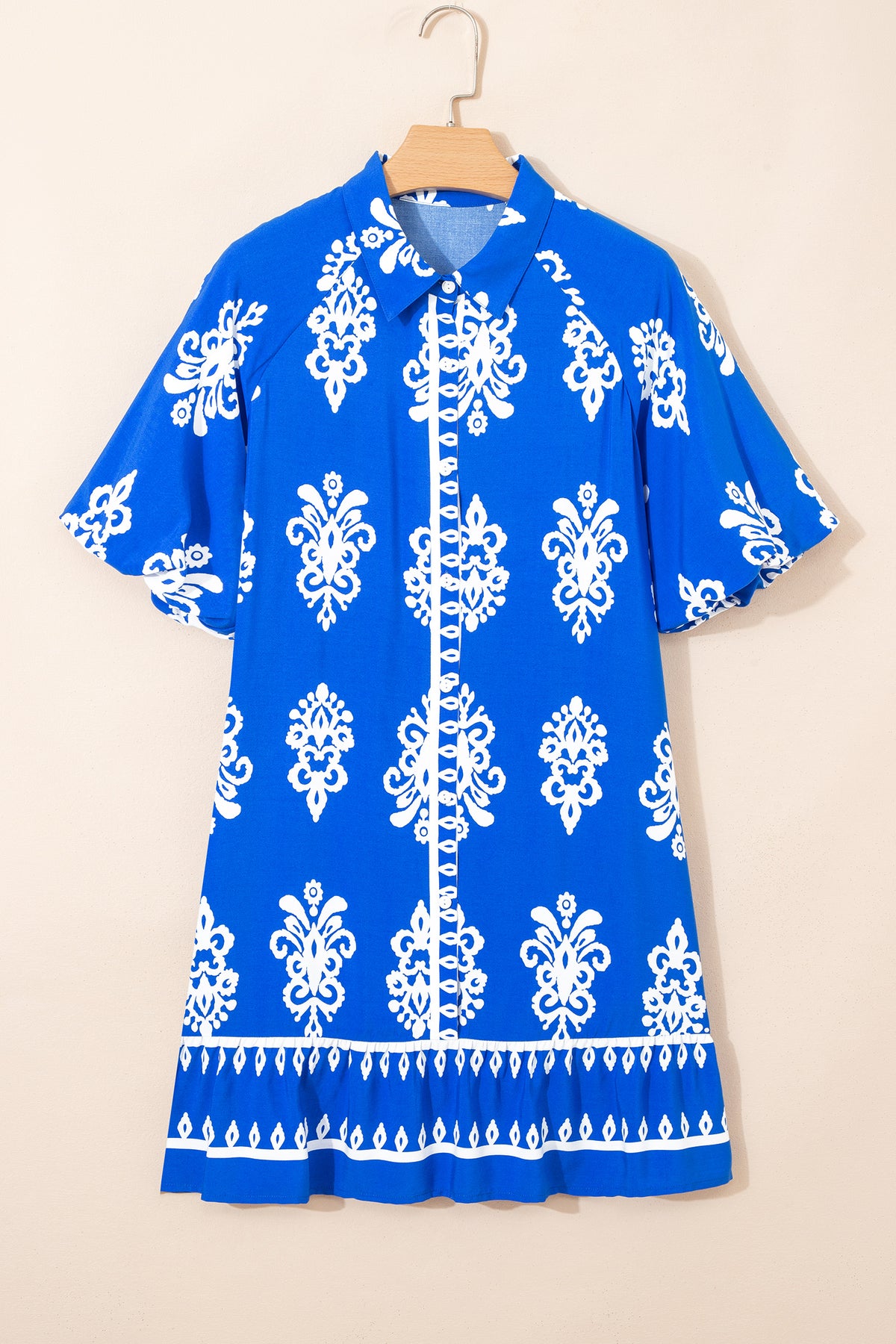 Blue Ethnic Geometric Print Collared Button Front Short Puff Sleeve Mini Dress