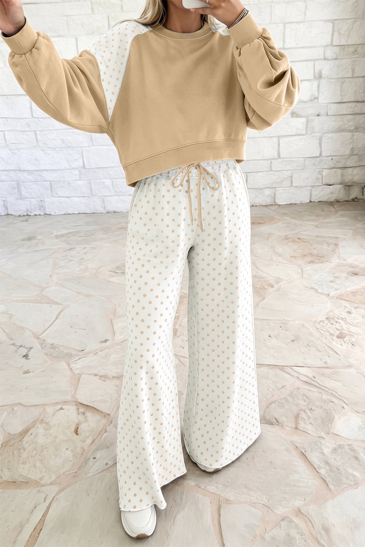 Light Blue Polka Dot Patchwork Colorblock Long Sleeve Casual Two Piece Pants Set