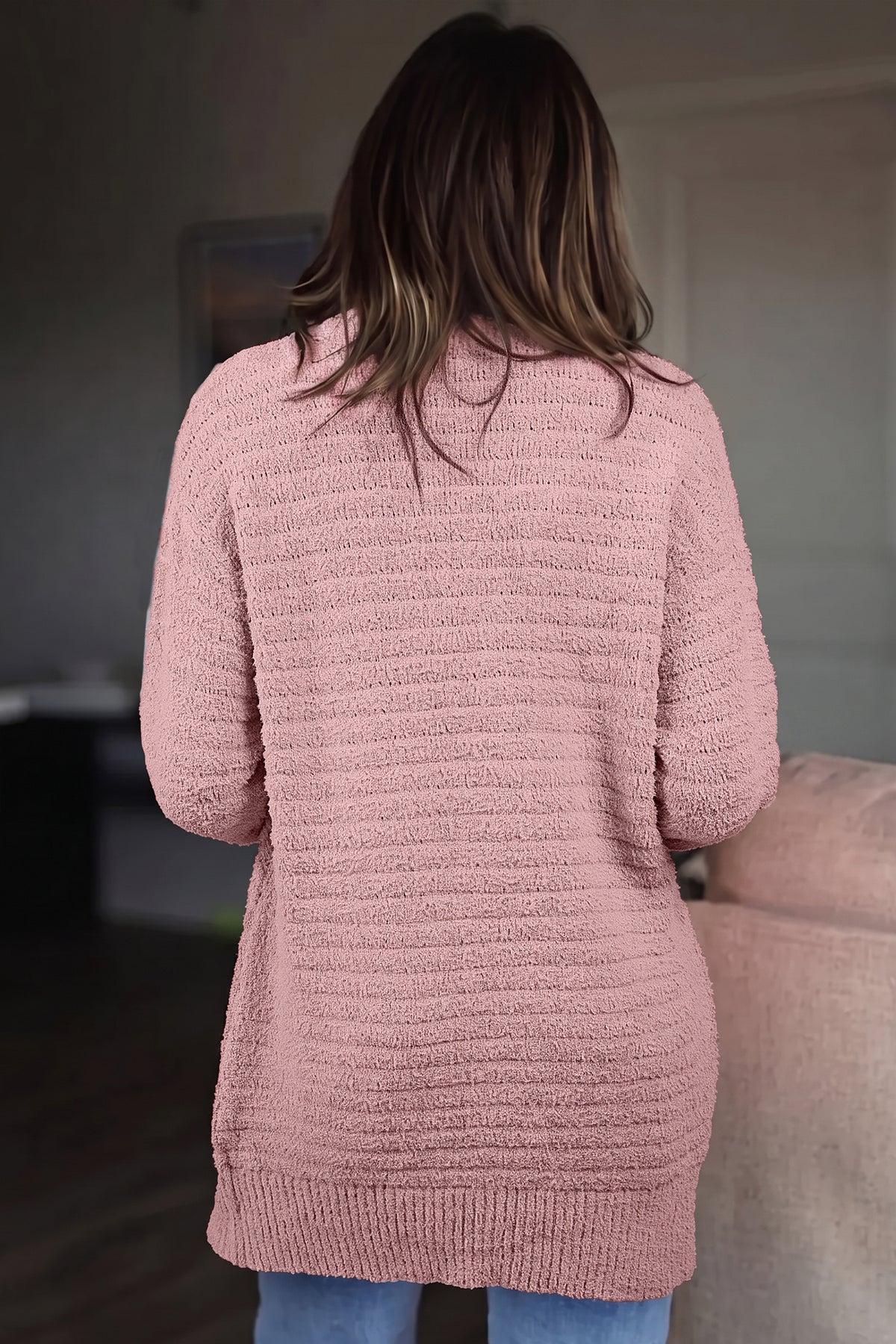 Light Pink Open Front Soft Fuzzy Ribbed Sweater Cardigan