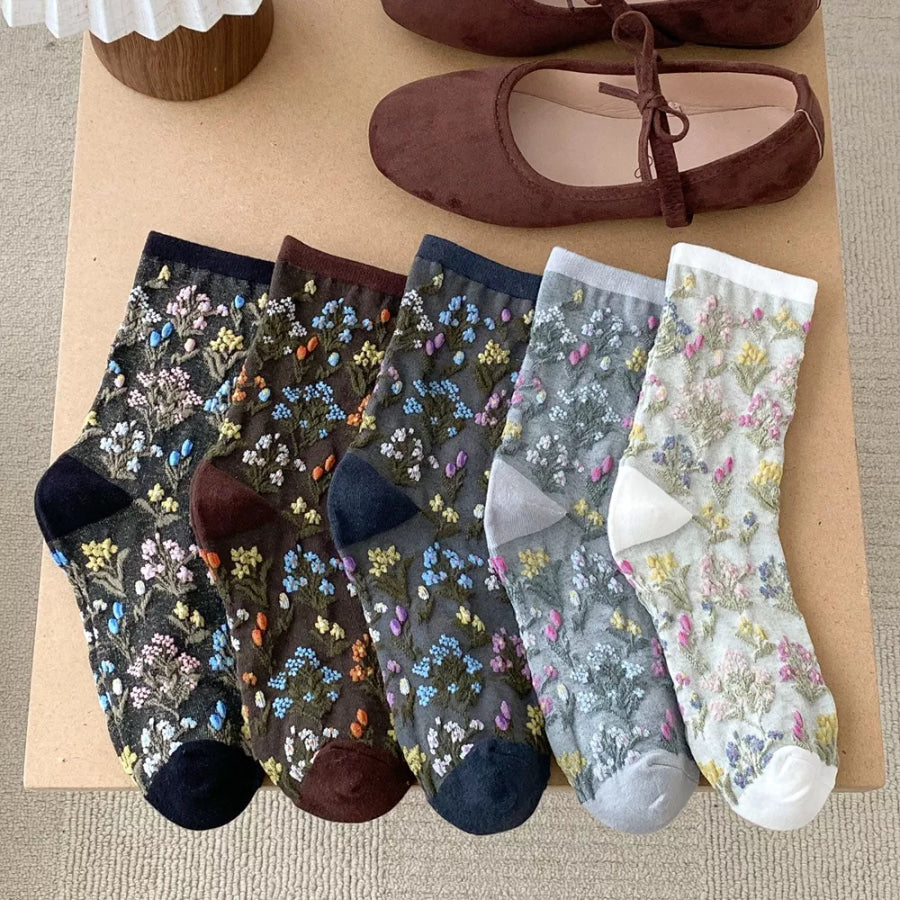 5 Pair Vintage Floral Embroidered Crew Socks mixed colors / One Size Apparel and Accessories