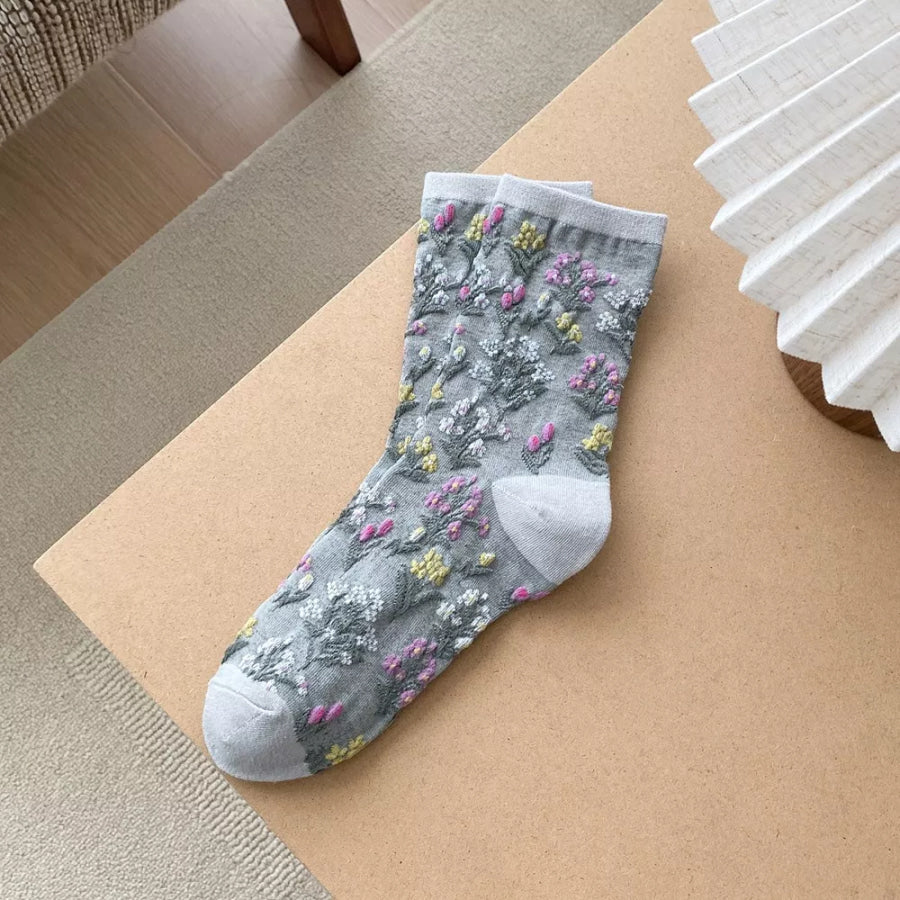 5 Pair Vintage Floral Embroidered Crew Socks mixed colors / One Size Apparel and Accessories