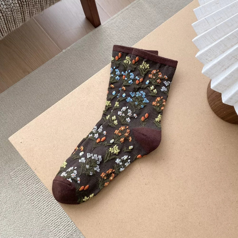 5 Pair Vintage Floral Embroidered Crew Socks mixed colors / One Size Apparel and Accessories