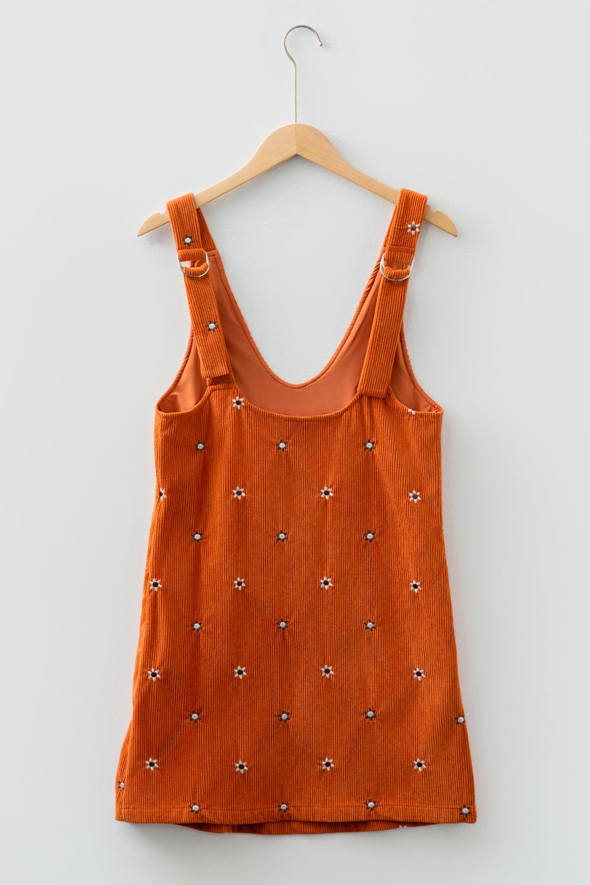 Gold Flame Flower Embroidered Corduroy Overall Mini Dress