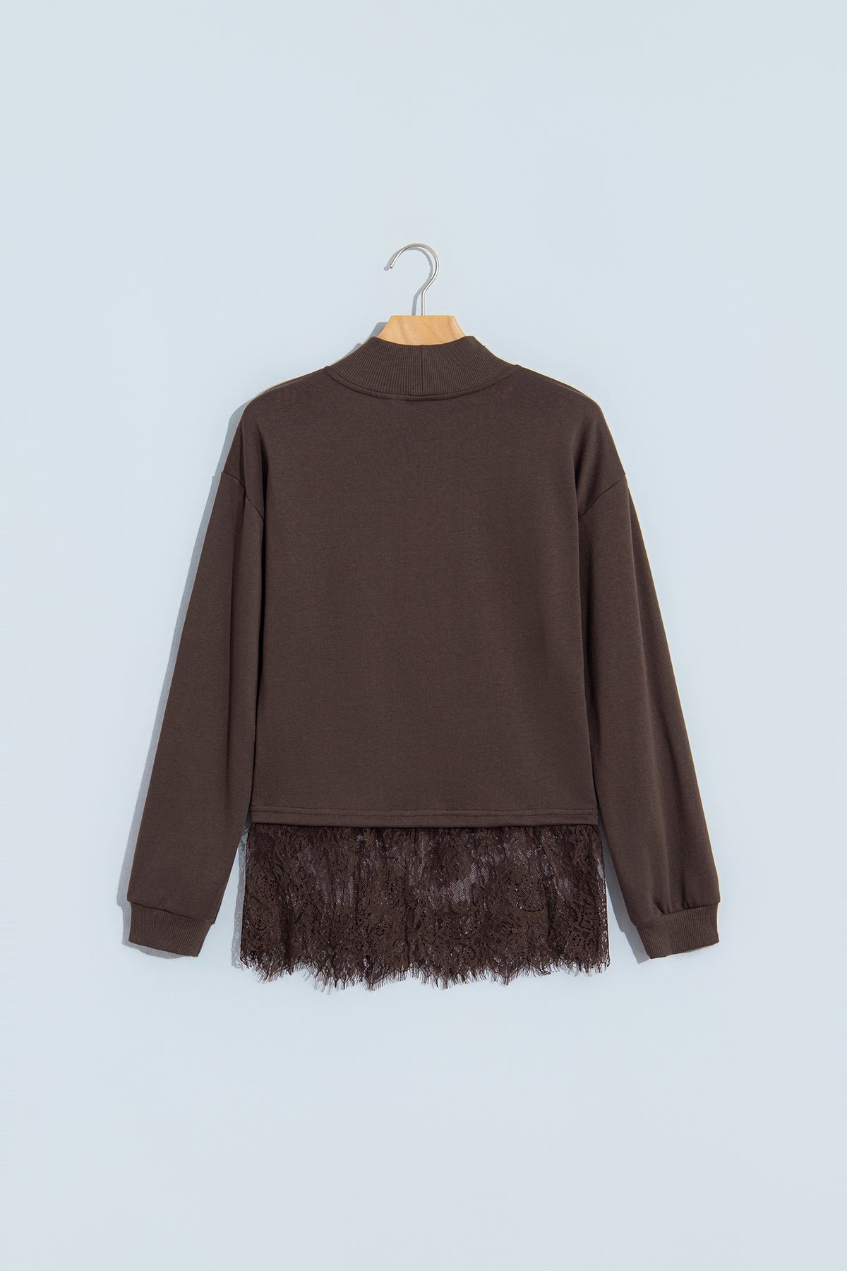 Coffee Solid Color High Neck Lace Splicing Hem Pullover Sweatshirt