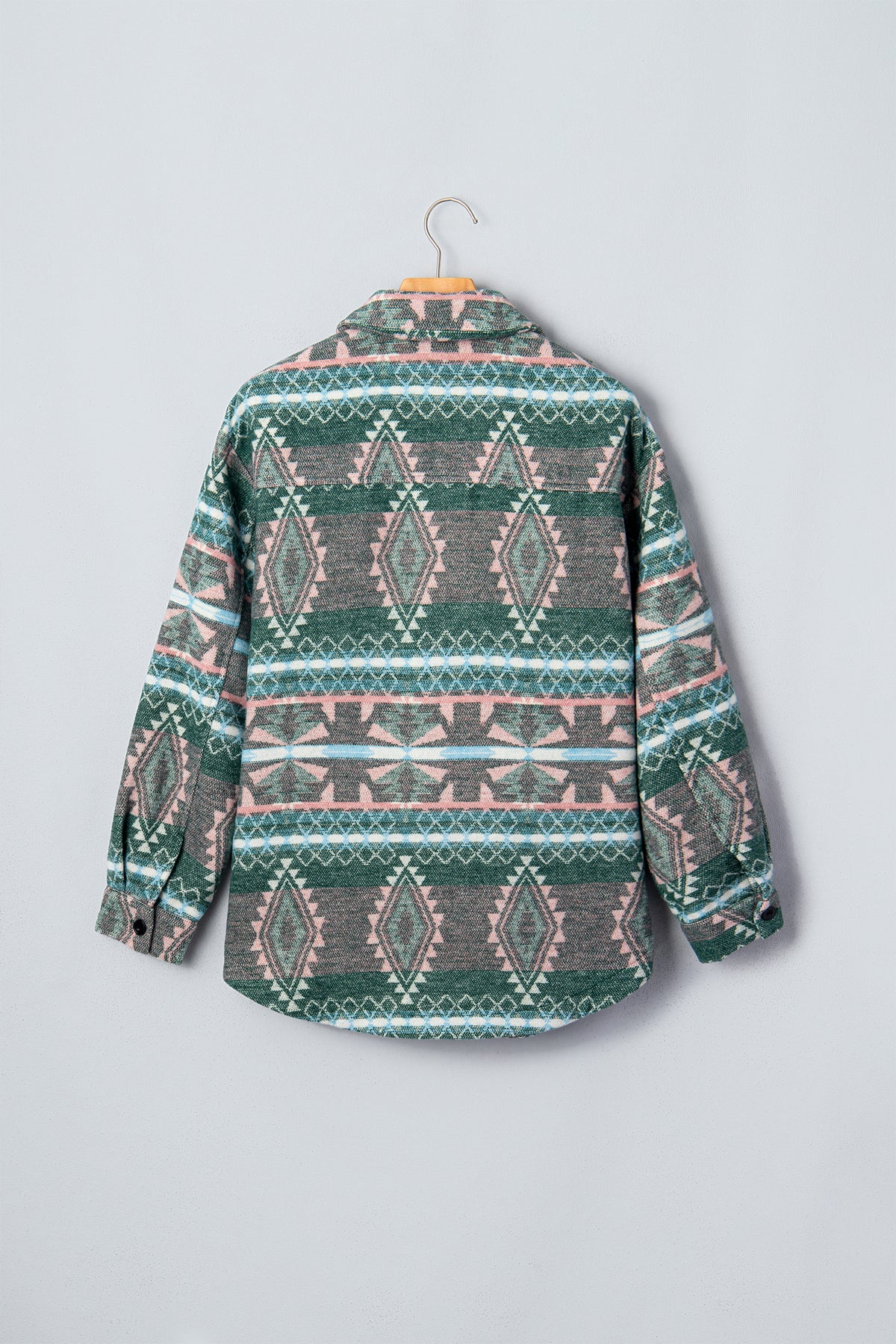 Green Geometric Print Button Front Long Sleeve Shacket