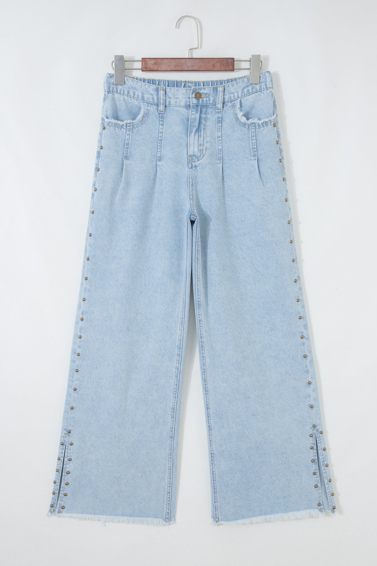 Beau Blue Studded Side Slit Leg Frayed Pocketed Wide Leg Jeans
