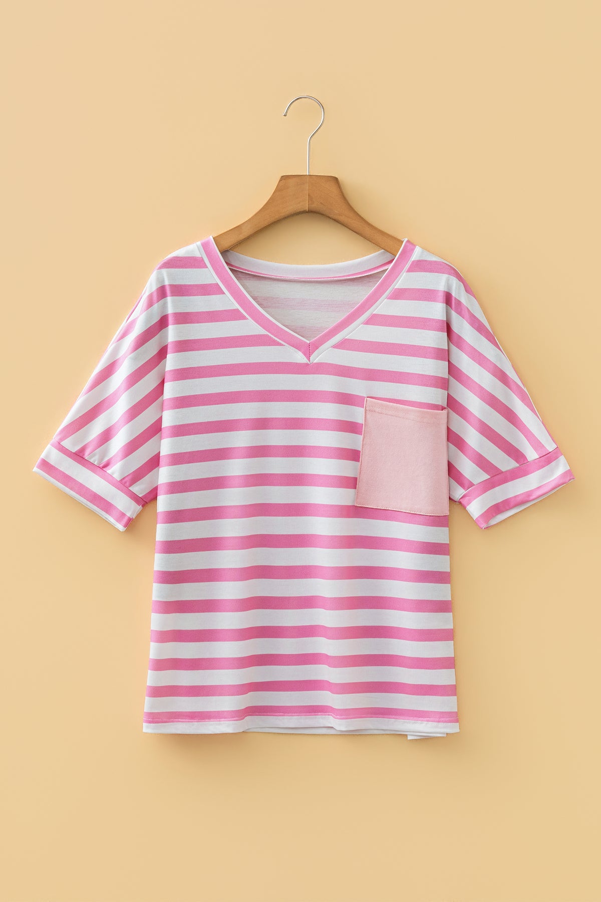 Sky Blue Stripe V Neck Patched Pocket Casual T Shirt