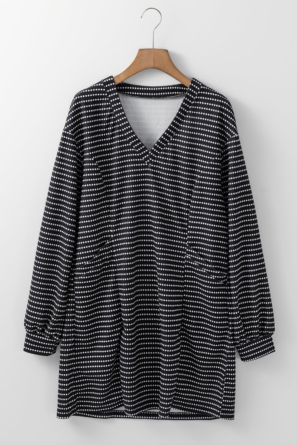 Black Striped V Neck Long Puff Sleeve Shift Dress Dresses/Mini Dresses