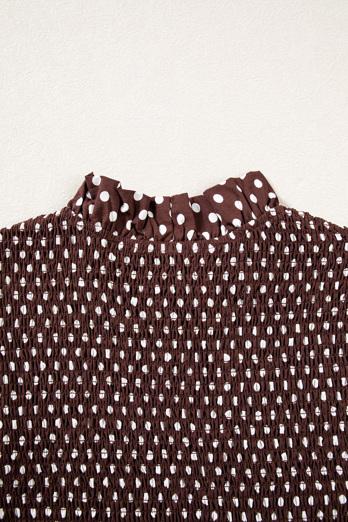 Brown Polka Dot Ruffled High Neck Shirred Ruffle Hem Blouse