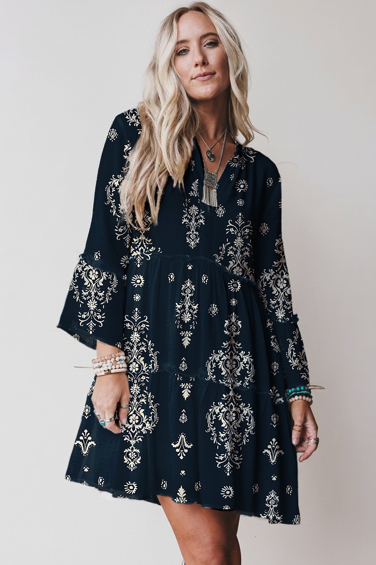 Red Boho Floral Print Lettuce Trim 3/4 Sleeve Mini Dress