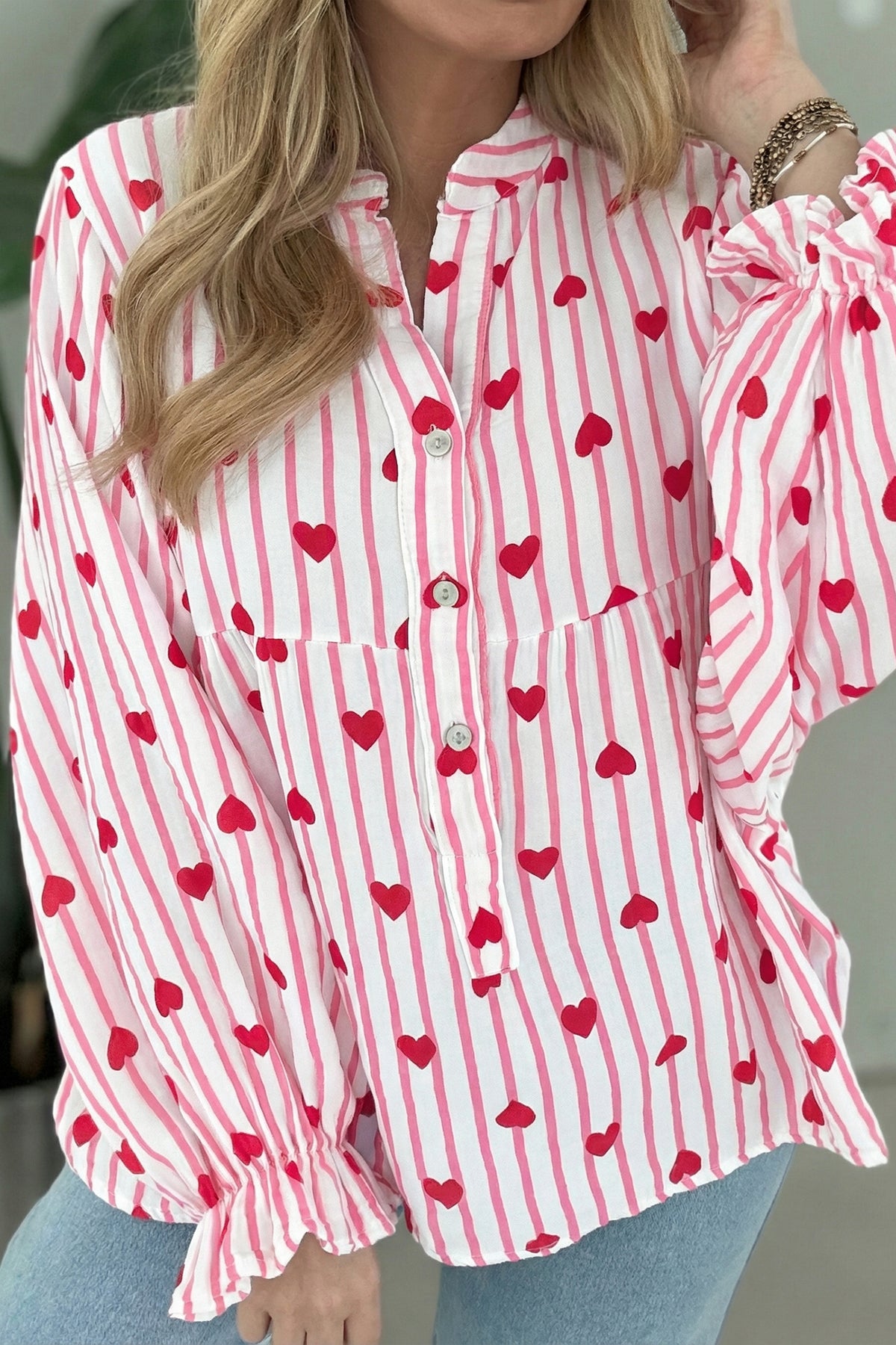 Pink Stripe Textured Heart Print Long Flounce Sleeve Shirt