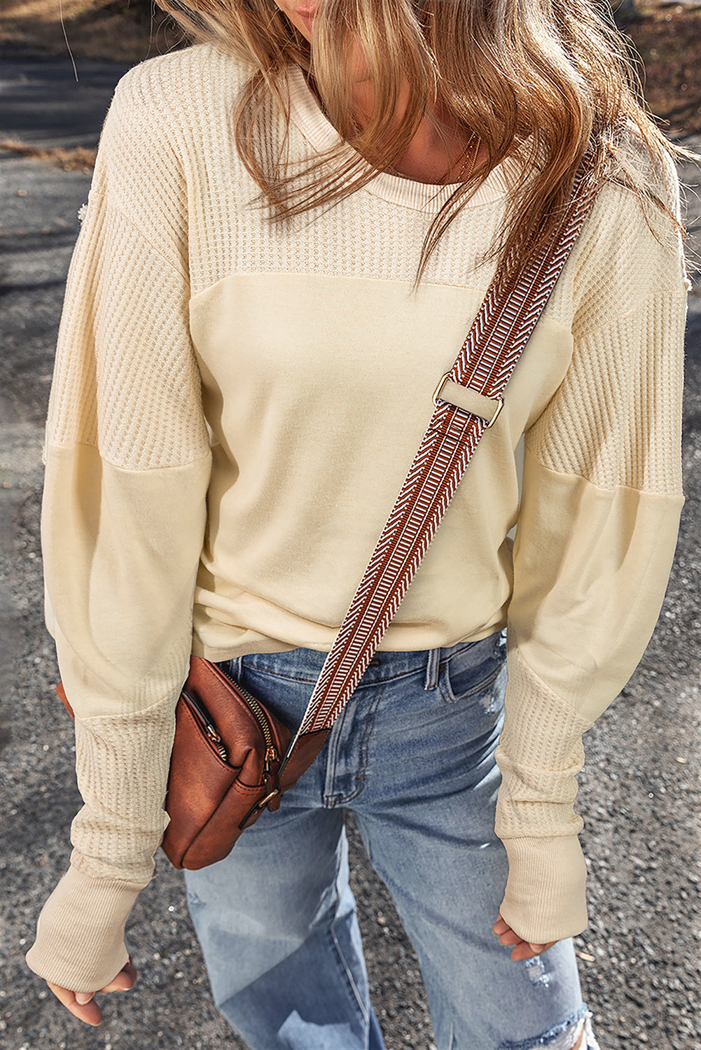 Beige Thermal Knit Patchwork Exposed Seam Long Sleeve Top Beige / S / 60% Cotton + 35% Polyester + 5% Elastane Tops/Long Sleeve Tops