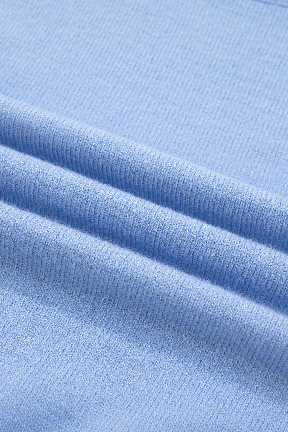 Beau Blue Solid Color Ribbed Trim Round Neck Ruffle Short Sleeve Sweater