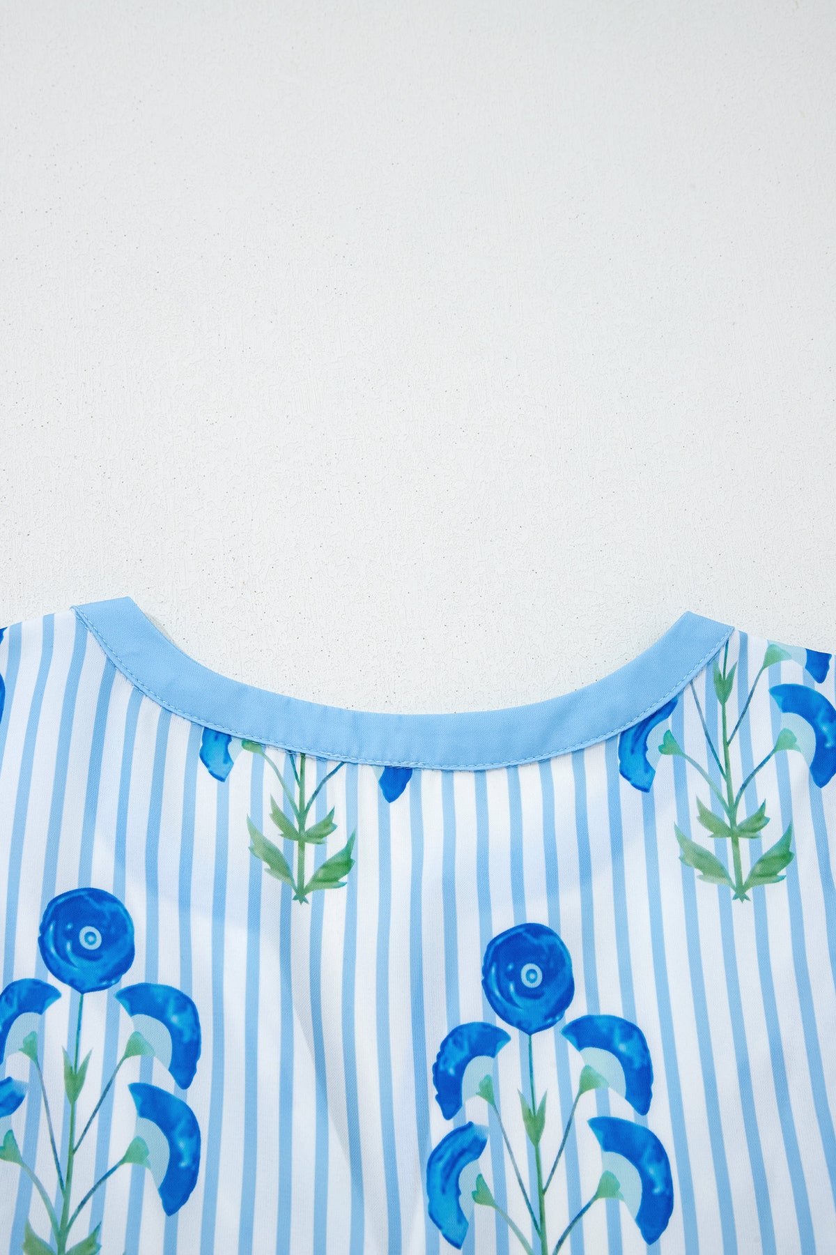 Sky Blue Floral Striped Print Tie Notched Neck Puff Sleeve Flared Mini Dress