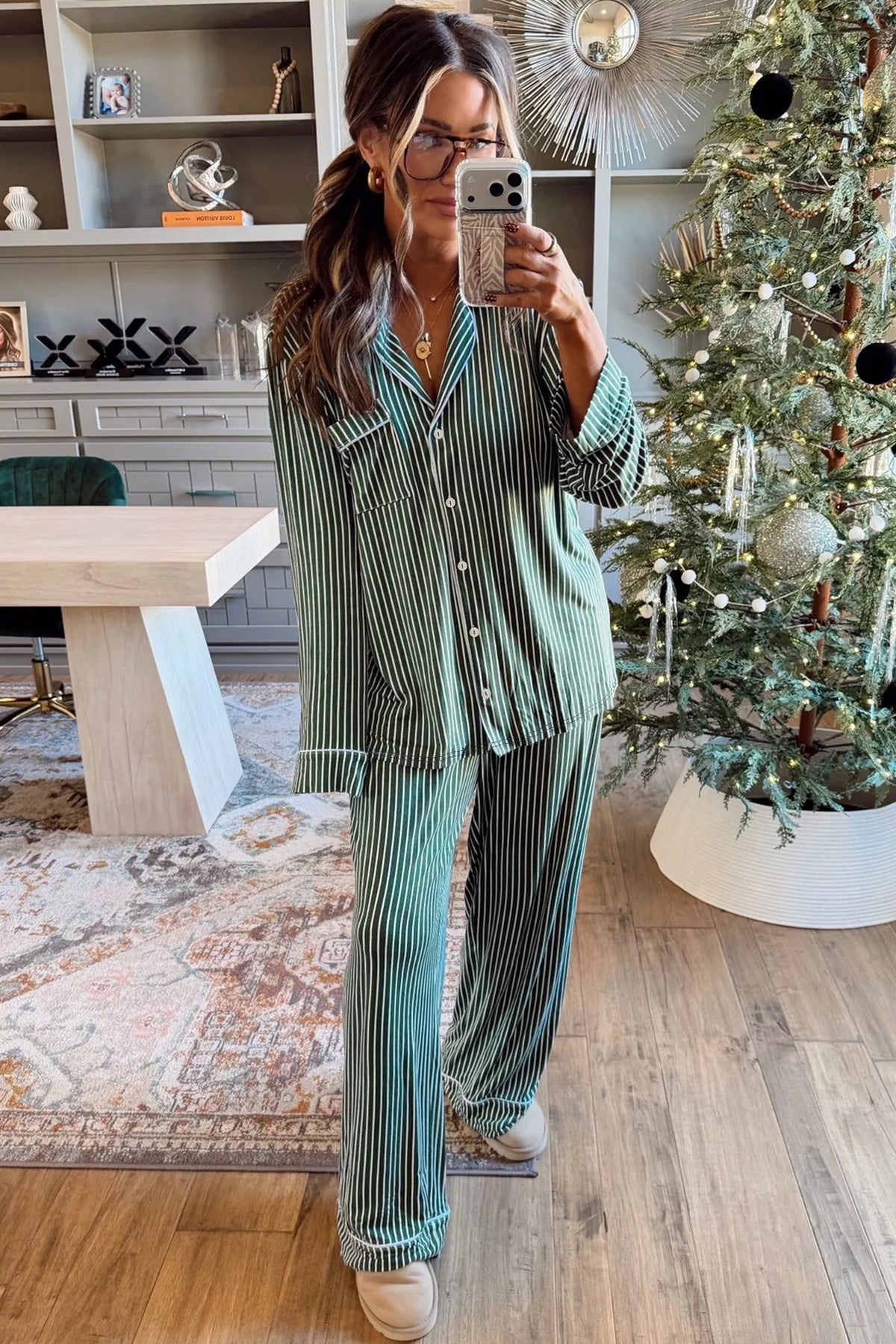 Green Stripe Chest Pocket Lapel Shirt Piping Trim Pajama Pant Set