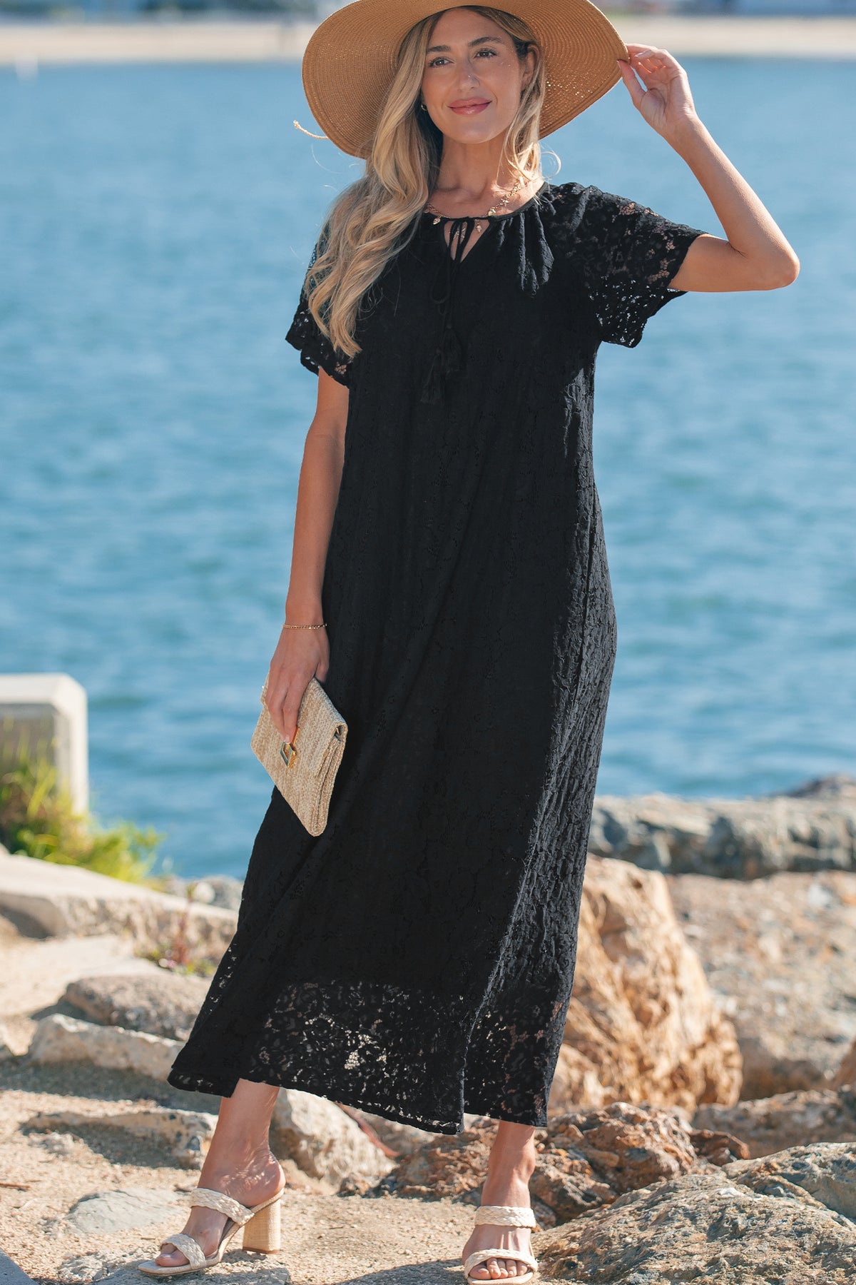 Black Floral Lace Overlay Tassel Tie Short Sleeve Beach Vacation Loose Maxi Dress