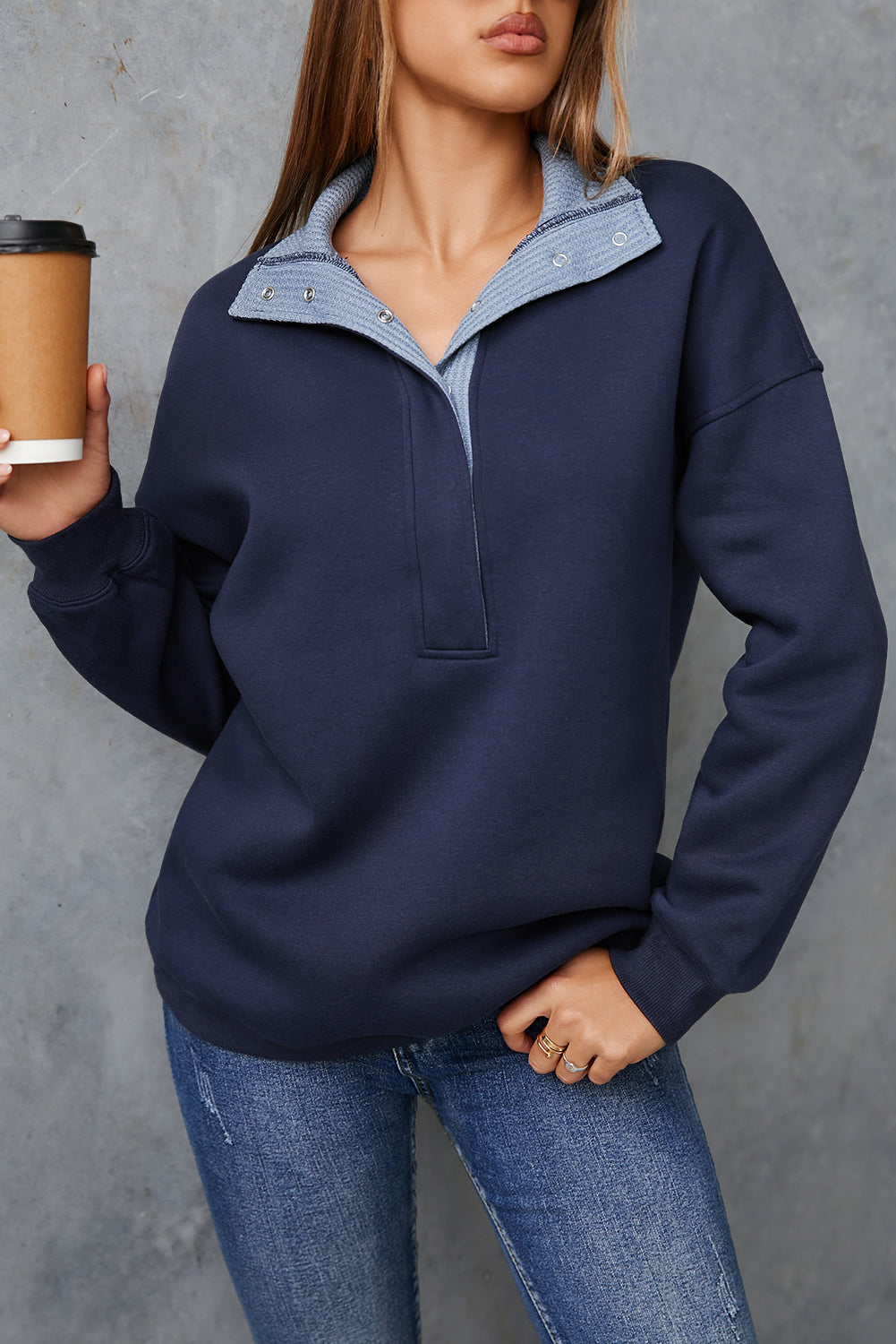 Blue Drop Shoulder Metal Button Casual Pullover Sweatshirt