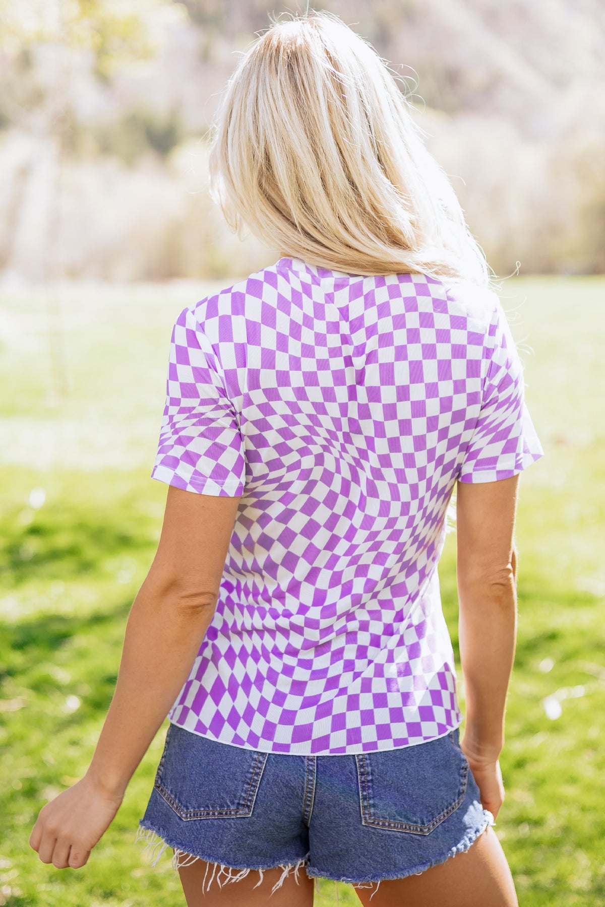 Khaki Checkered Print Mock Neck Mesh T Shirt