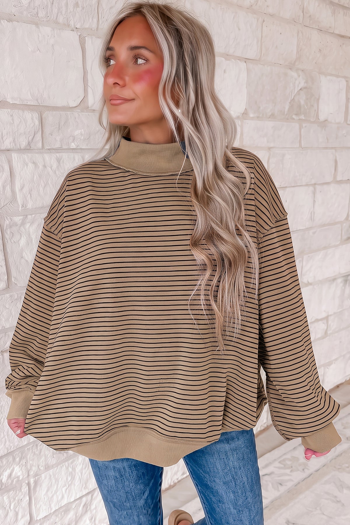 Green Stripe Ribbed Color Block Mock Neck Oversized Sweatshirt